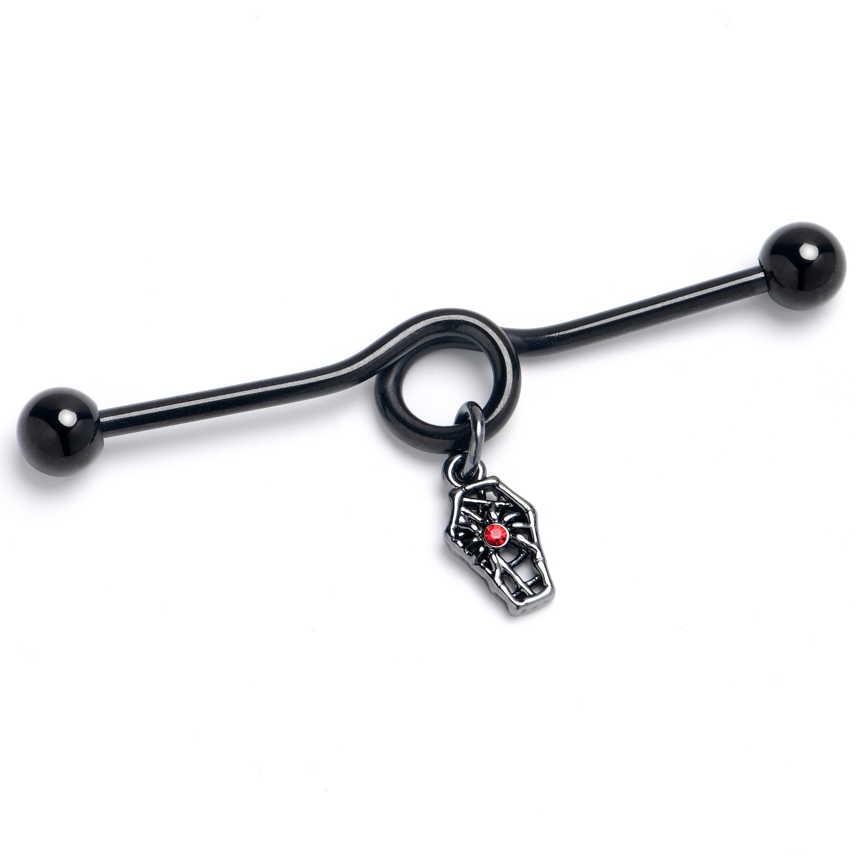14G Red Gem Black Spider Coffin Dangle Project Bar 38mm