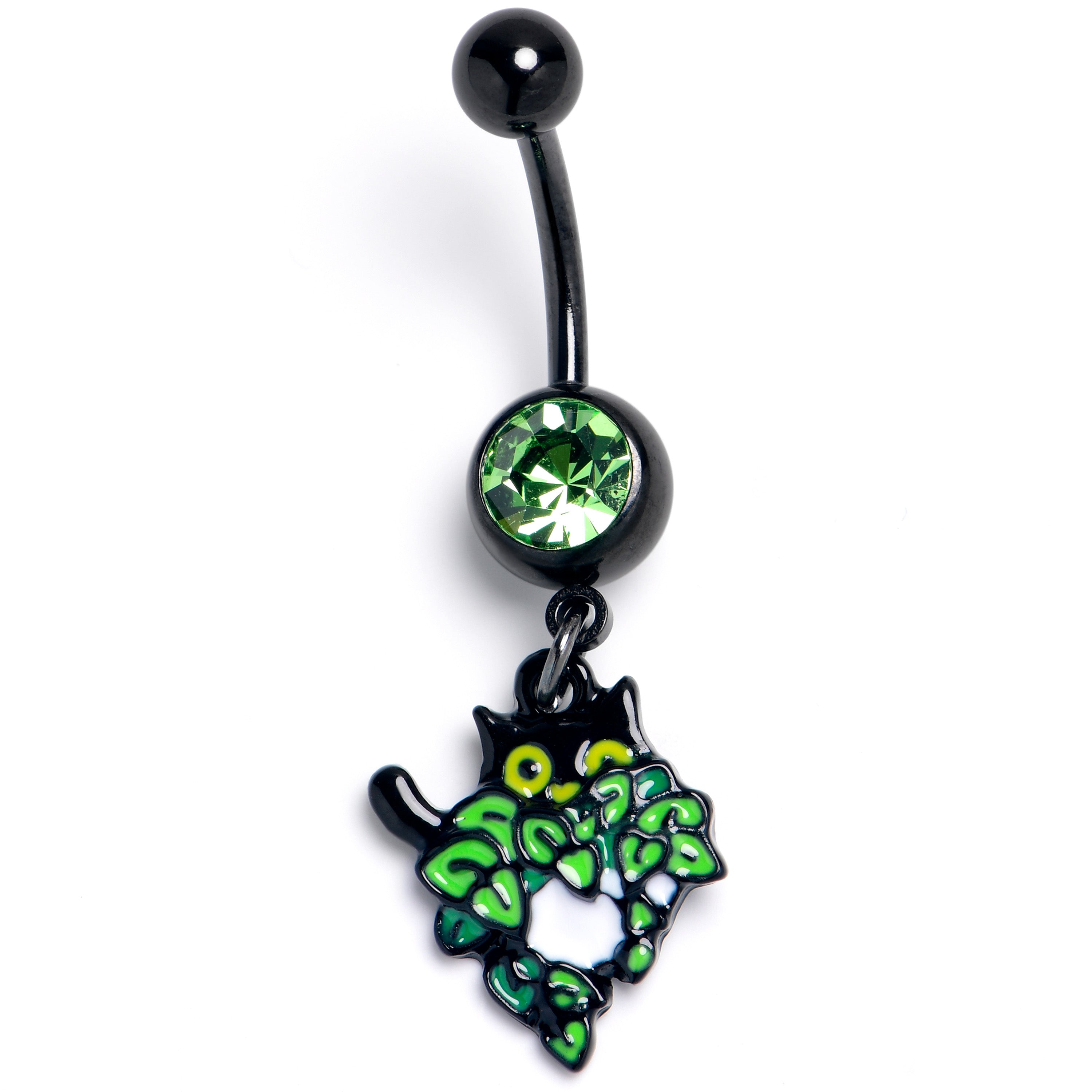 Green Gem Black Pouncing Cat Dangle Belly Ring