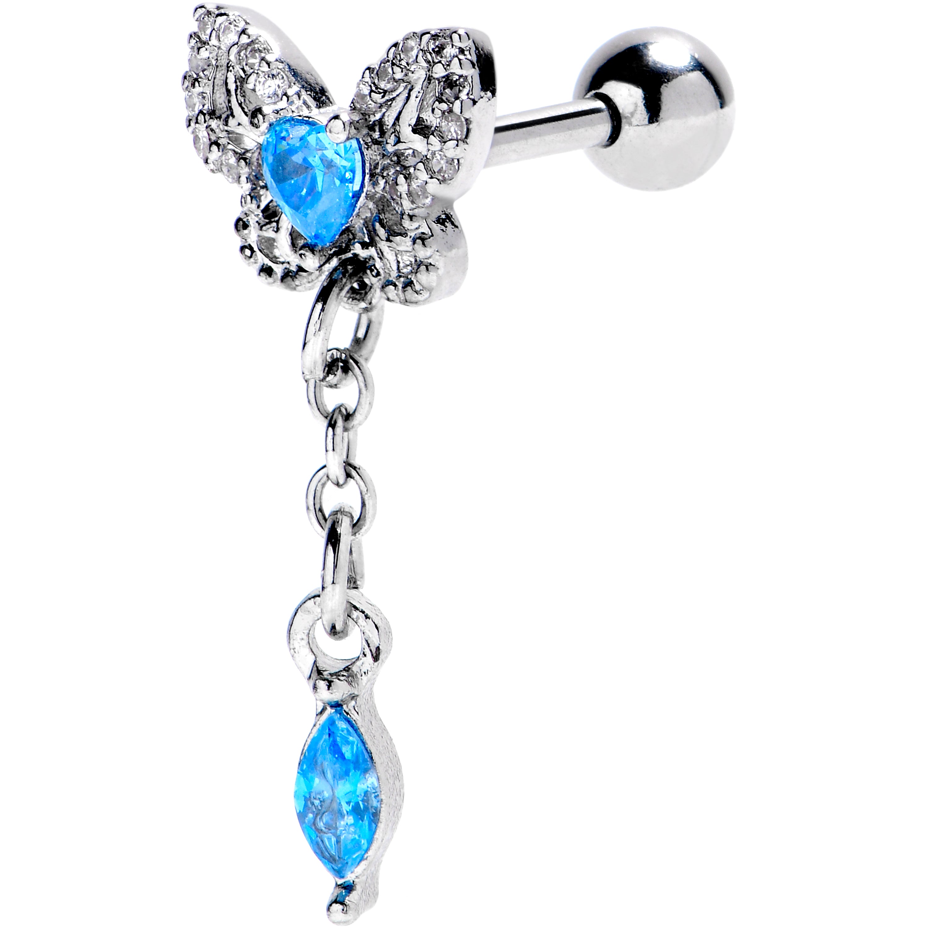 16G 1/4 Blue CZ Gem Butterfly Delight Dangle Cartilage Earring