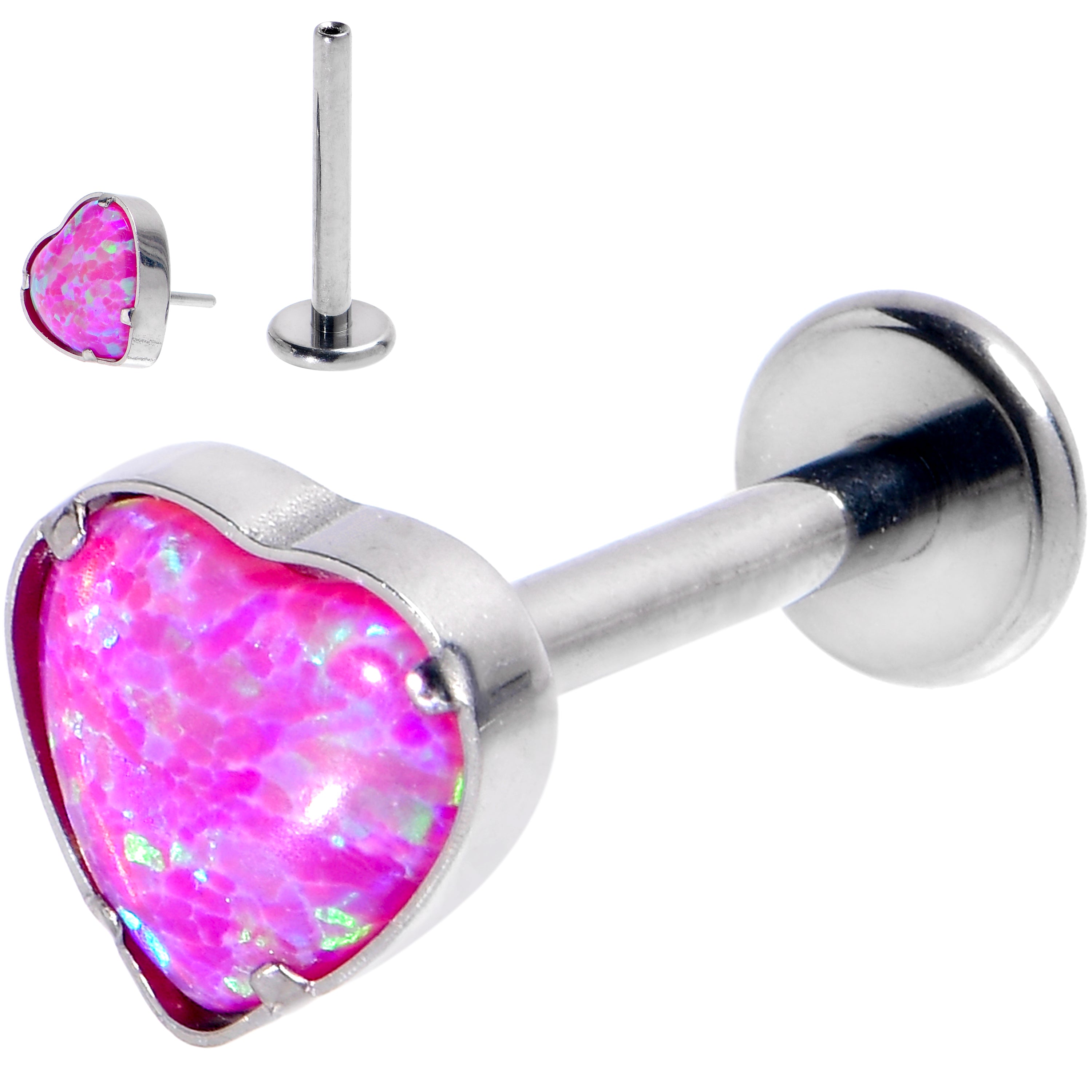 16G 3/8 Pink Synthetic Opal G23 Titanium Threadless Heart Labret