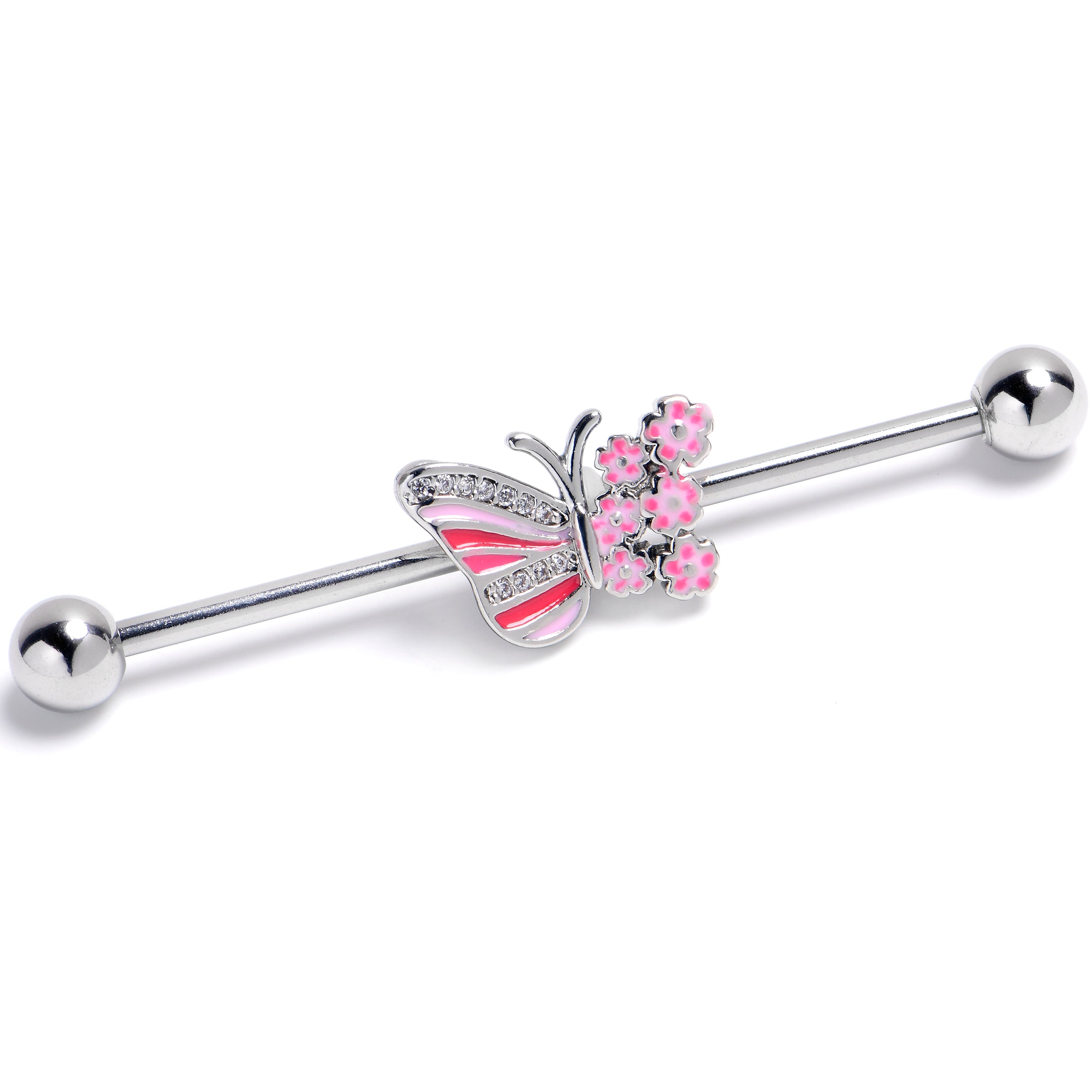 14G Clear Gem Flowery Butterfly Pink Industrial Barbell 38mm