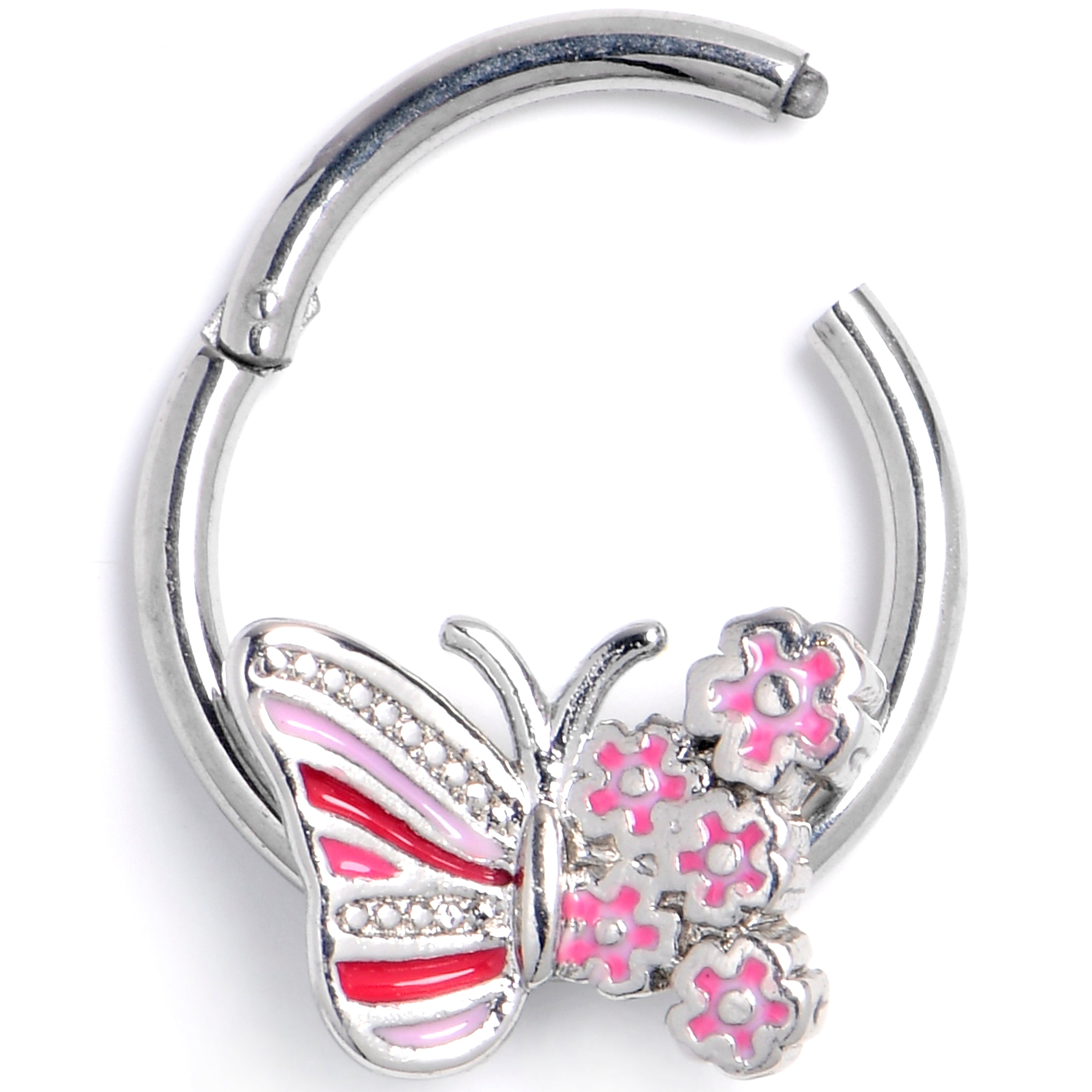16G 3/8 Clear Gem Flowery Butterfly Pink Hinged Segment Ring