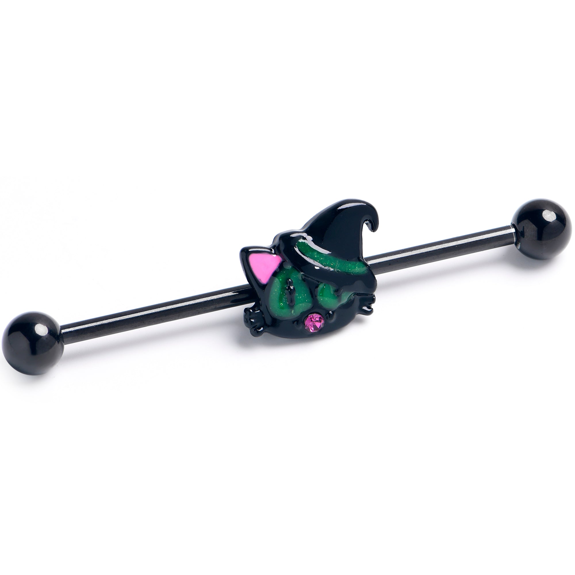 14G Pink Gem Black Halloween Hat Cat Industrial Barbell 38mm