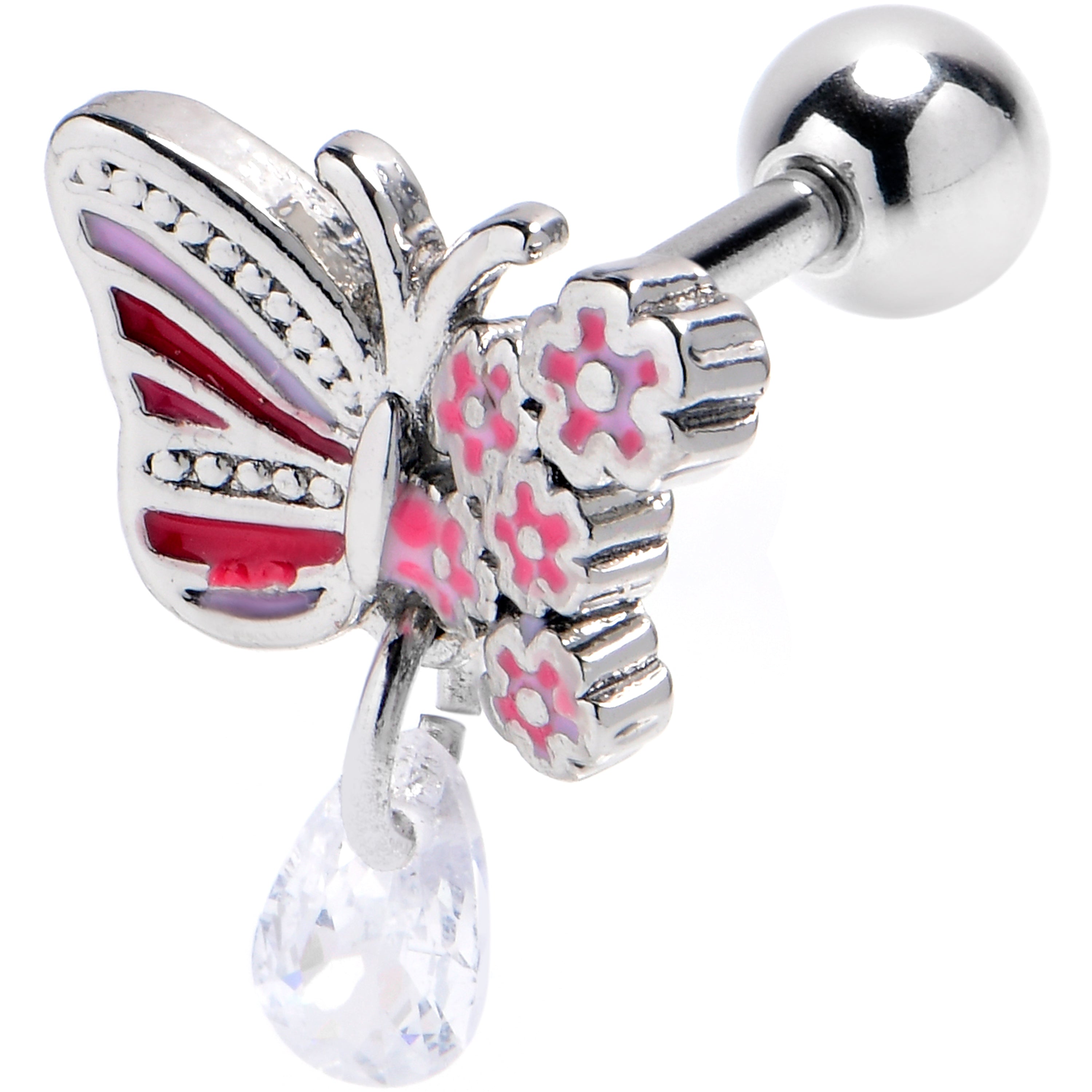 16G 1/4 Clear Gem Flowery Butterfly Pink Dangle Cartilage Earring