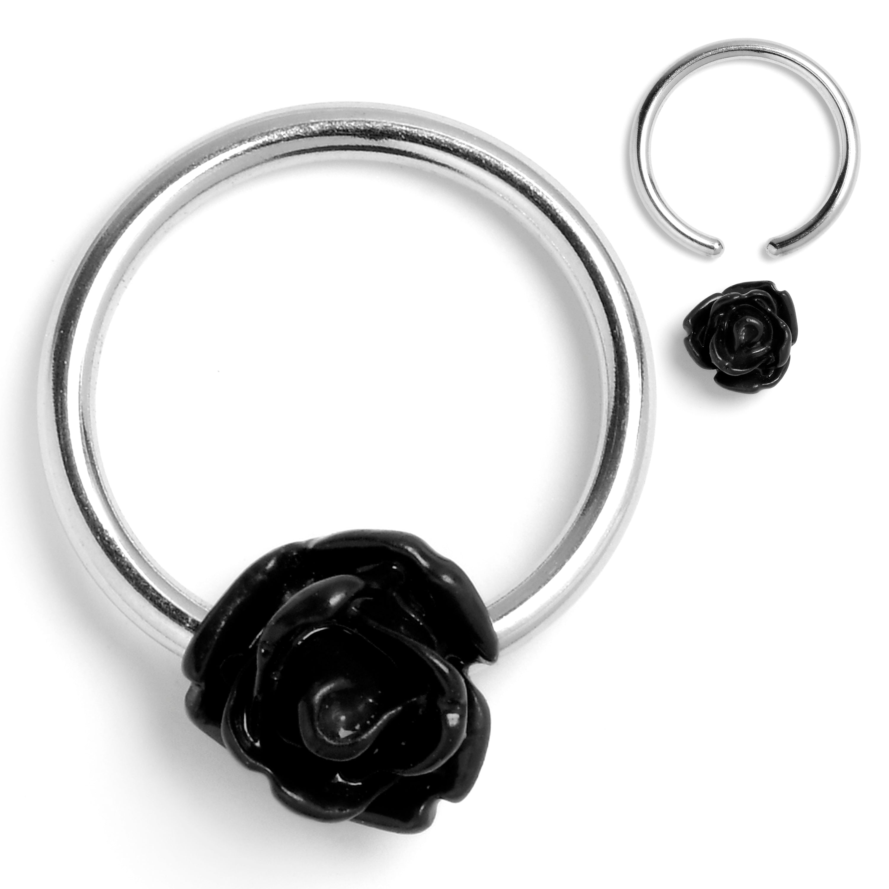 16G 3/8 Open Bloom Rose Black BCR Captive Ring