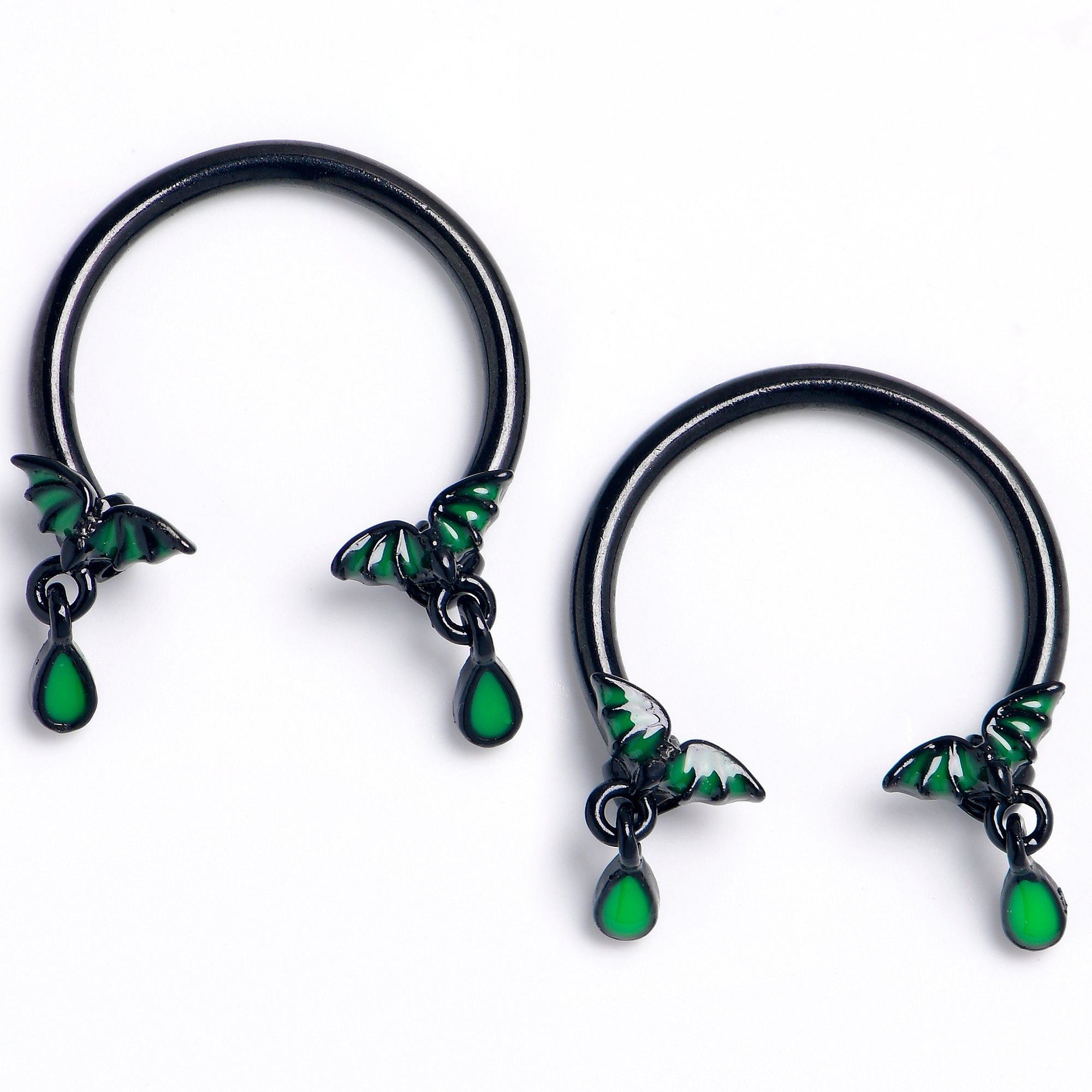 16G 3/8 Black Bat Wings Dangle Horseshoe Circular Barbell Set of2