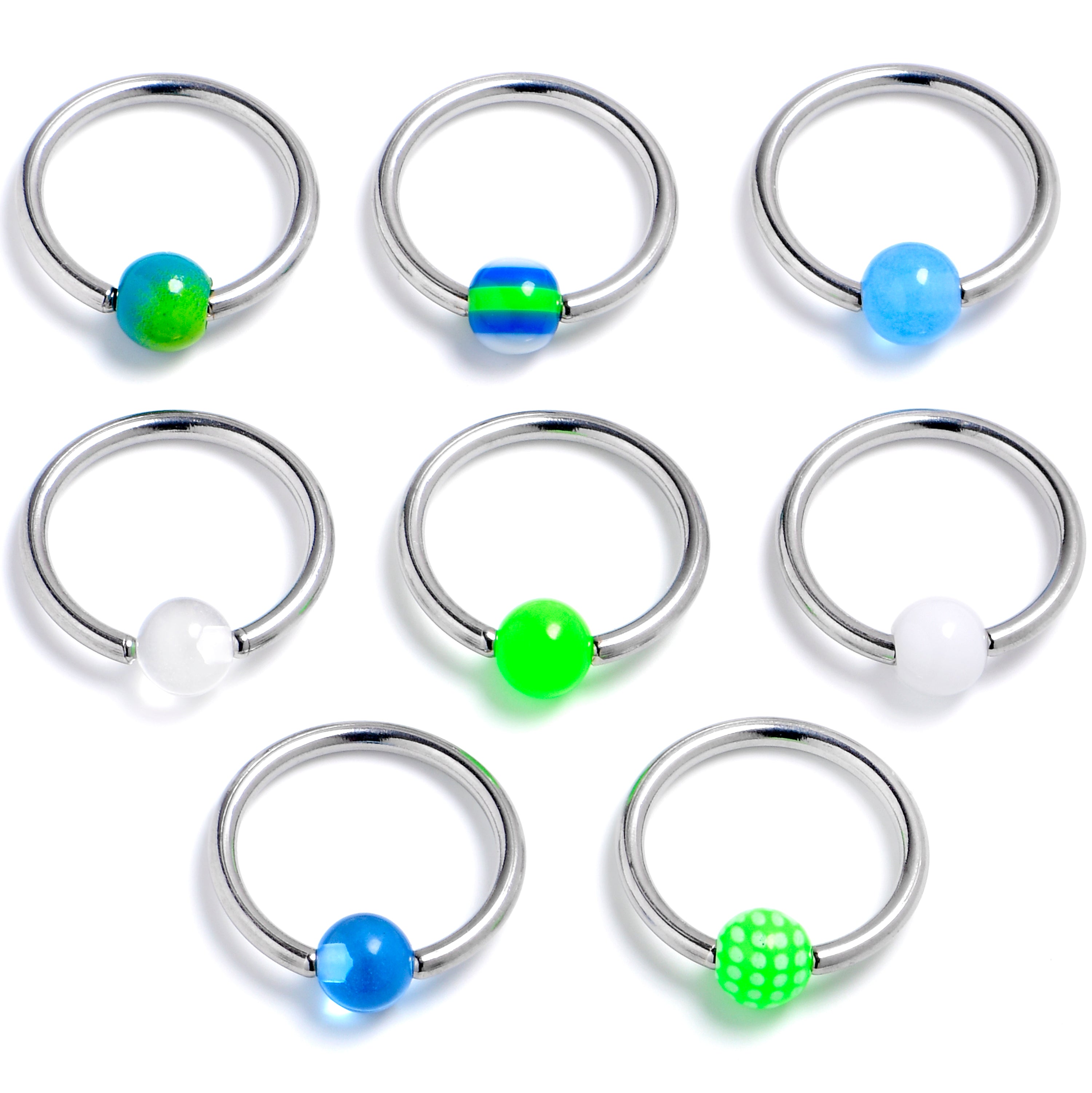 16G 3/8 Multi Blue Green White BCR Captive Ring Set of 8