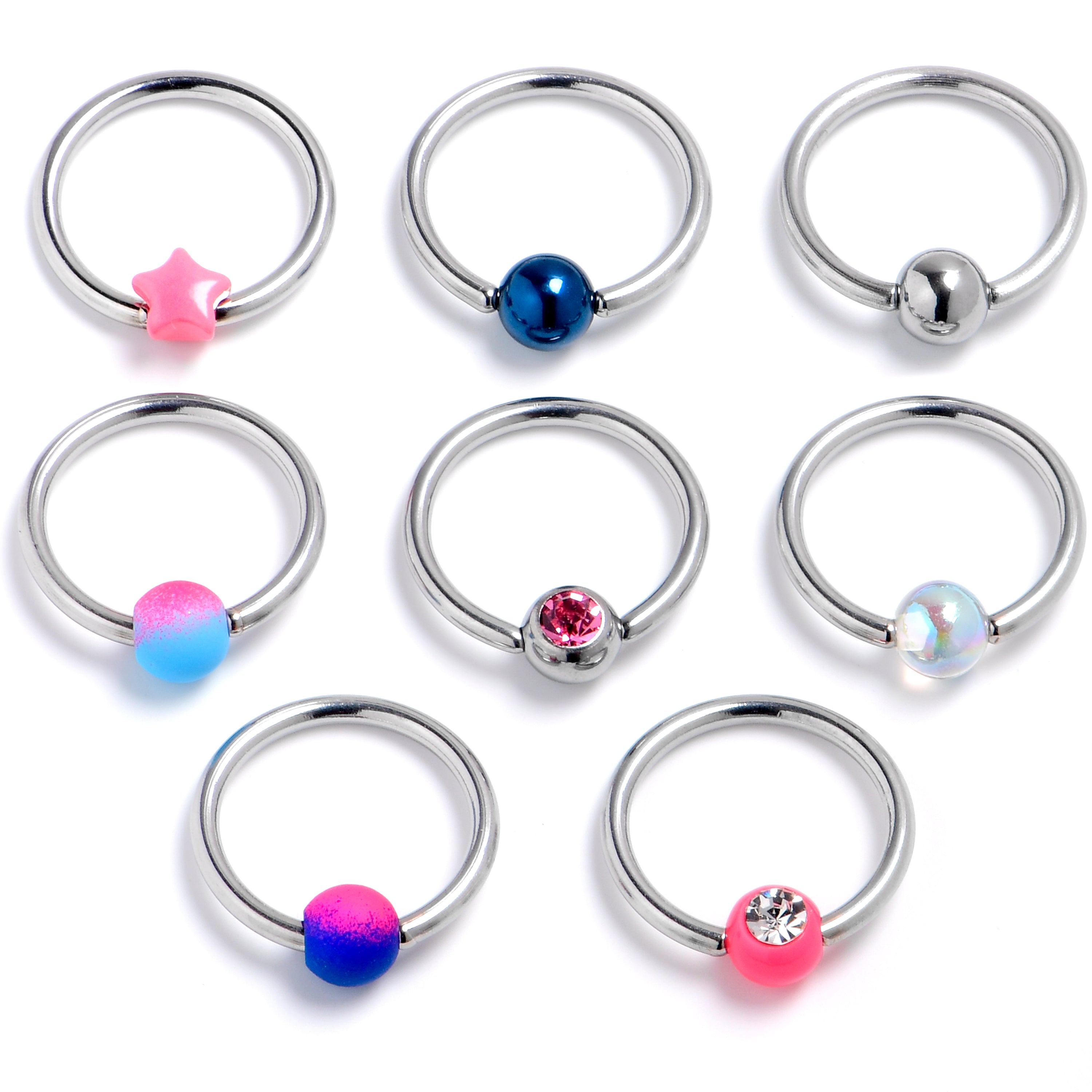 16G 3/8 Pink Clear Gem Multi Purple Blue BCR Captive Ring Set of 8
