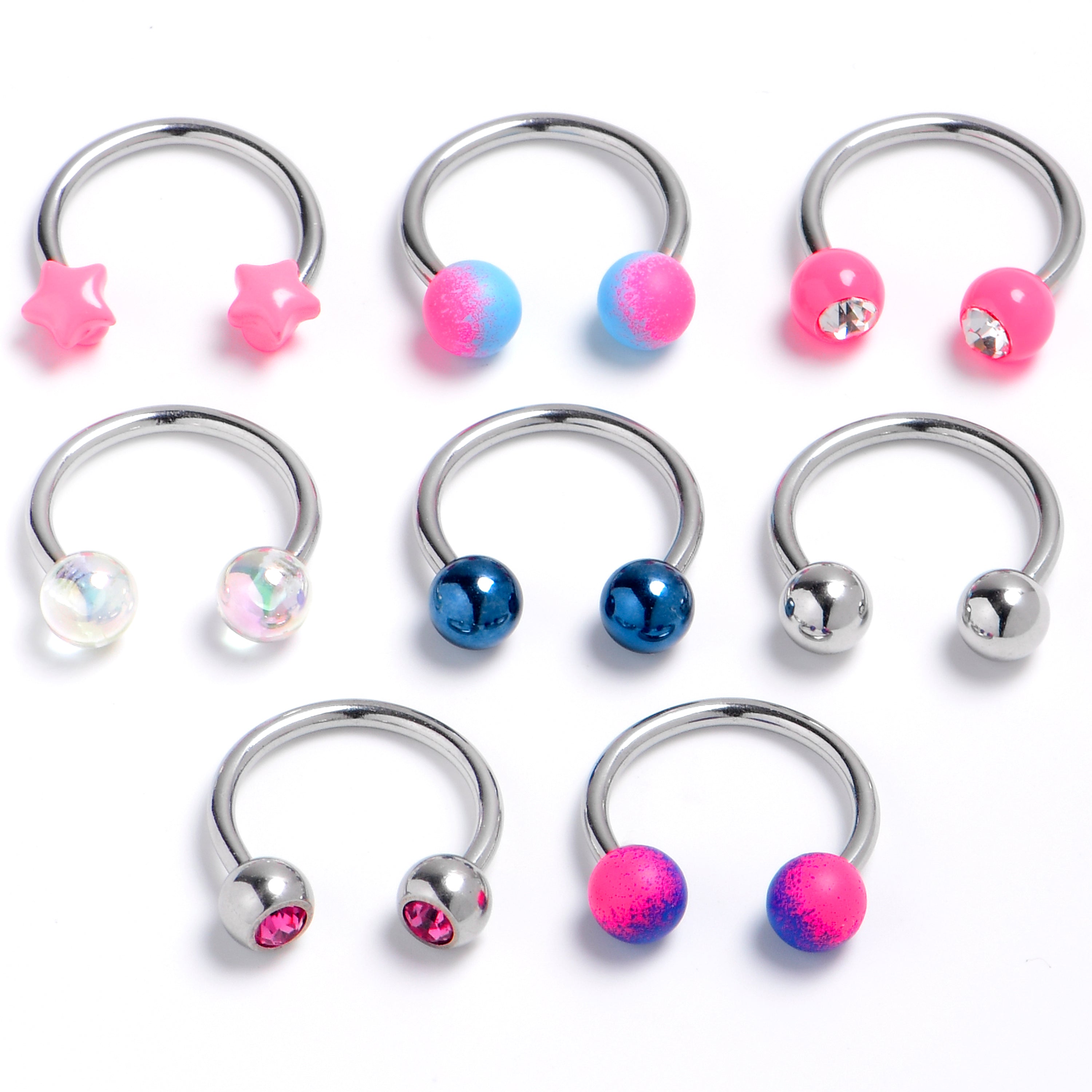 16G 3/8 Pink Gem Blue Purple Horseshoe Circular Barbell Set of 8