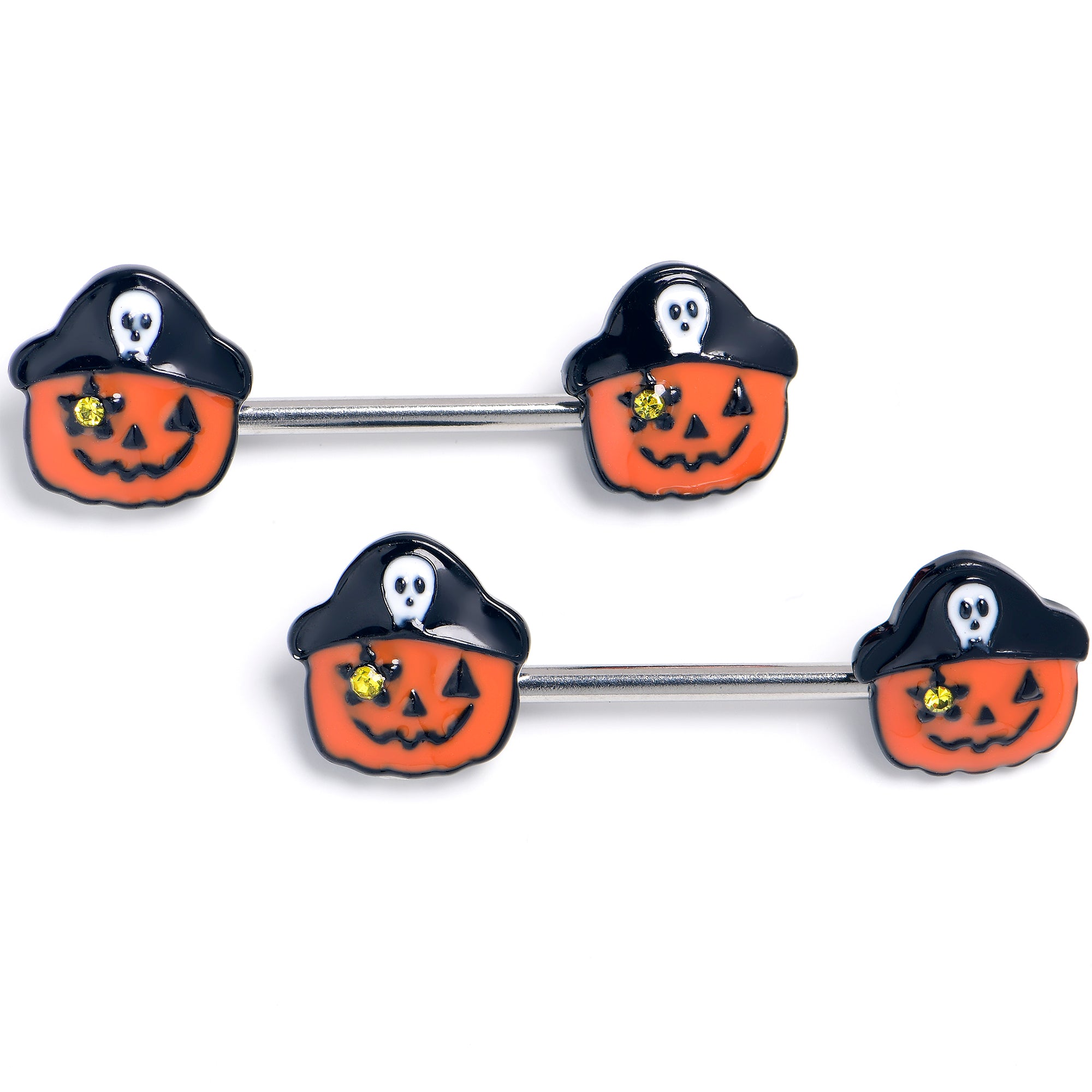 14G 9/16 Yellow Gem Orange Pirate Pumpkin Barbell Nipple Ring Set