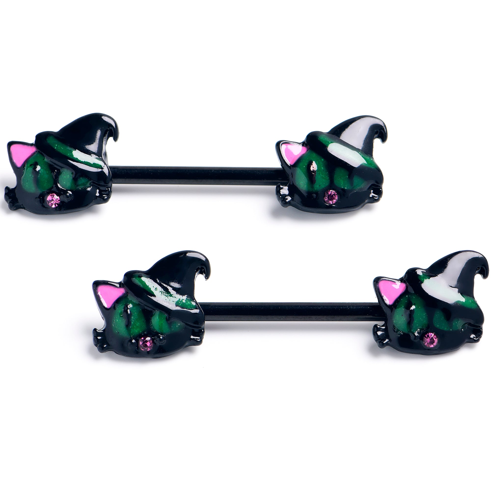 14G 9/16 Pink Gem Black Halloween Hat Cat Barbell Nipple Ring Set