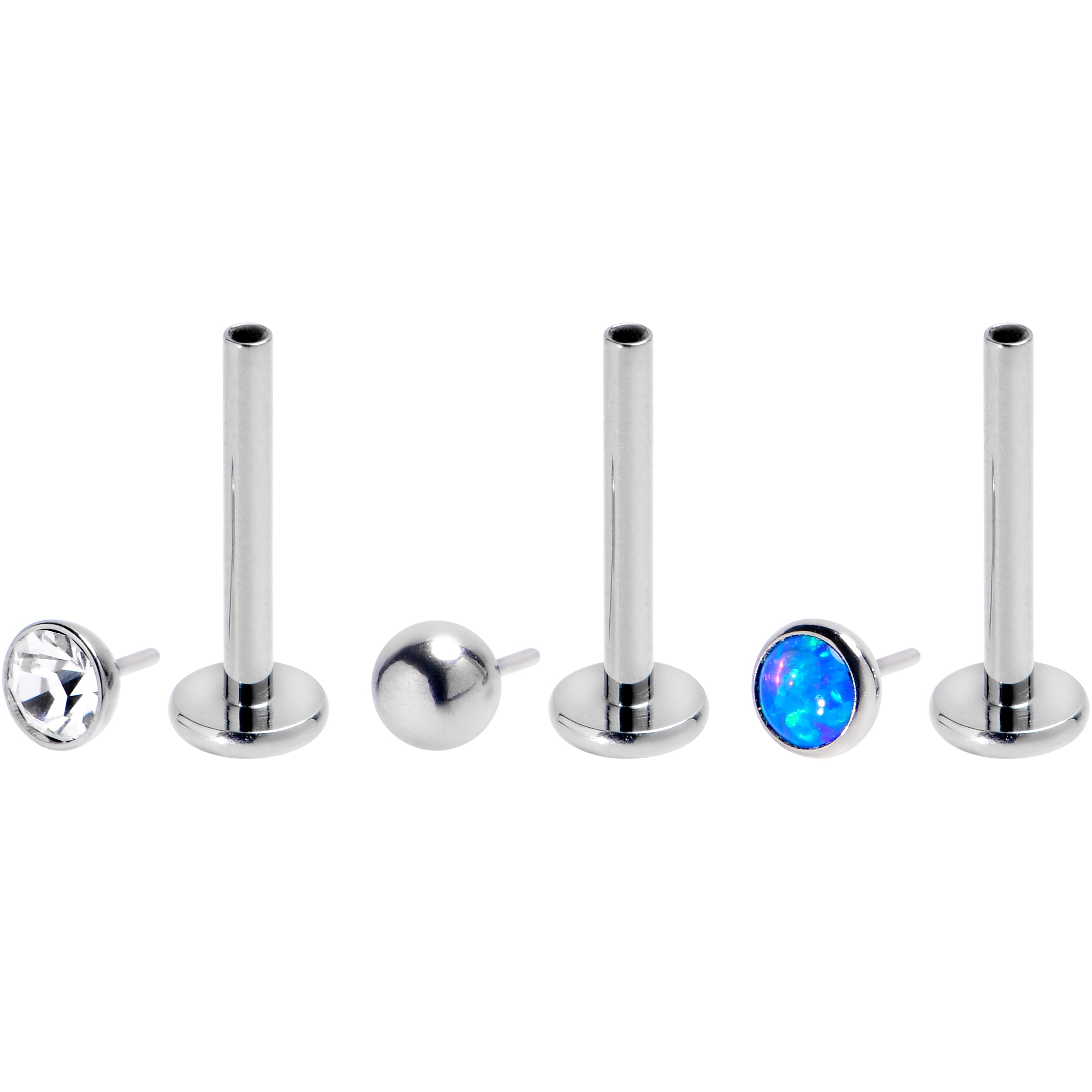 16G 3/8 Blue Synthetic Opal G23 Titanium Threadless Push In Labret Set of 3