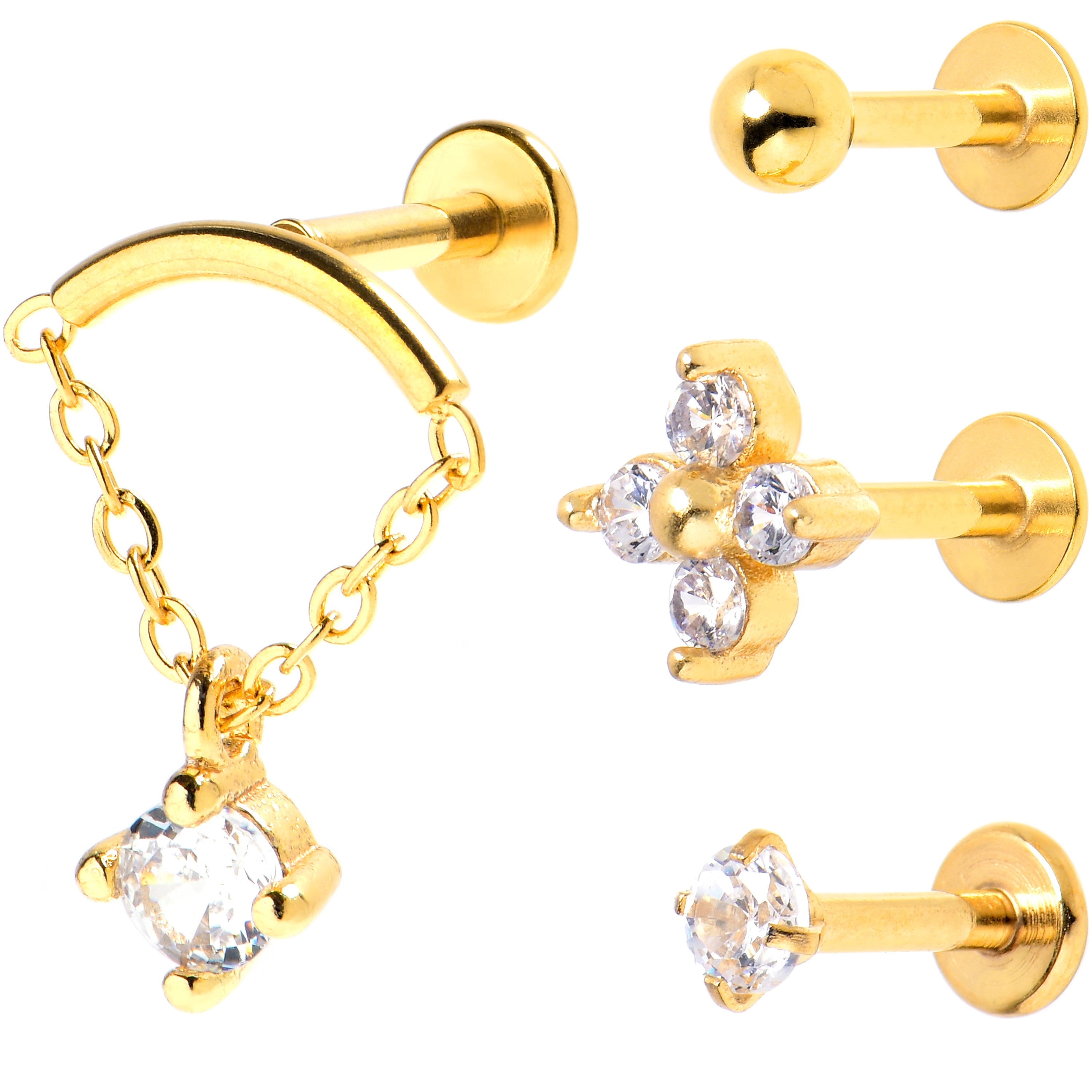 16G 1/4 Clear CZ Gem Gold Tone Star Dangle Labret Curation Set of 4