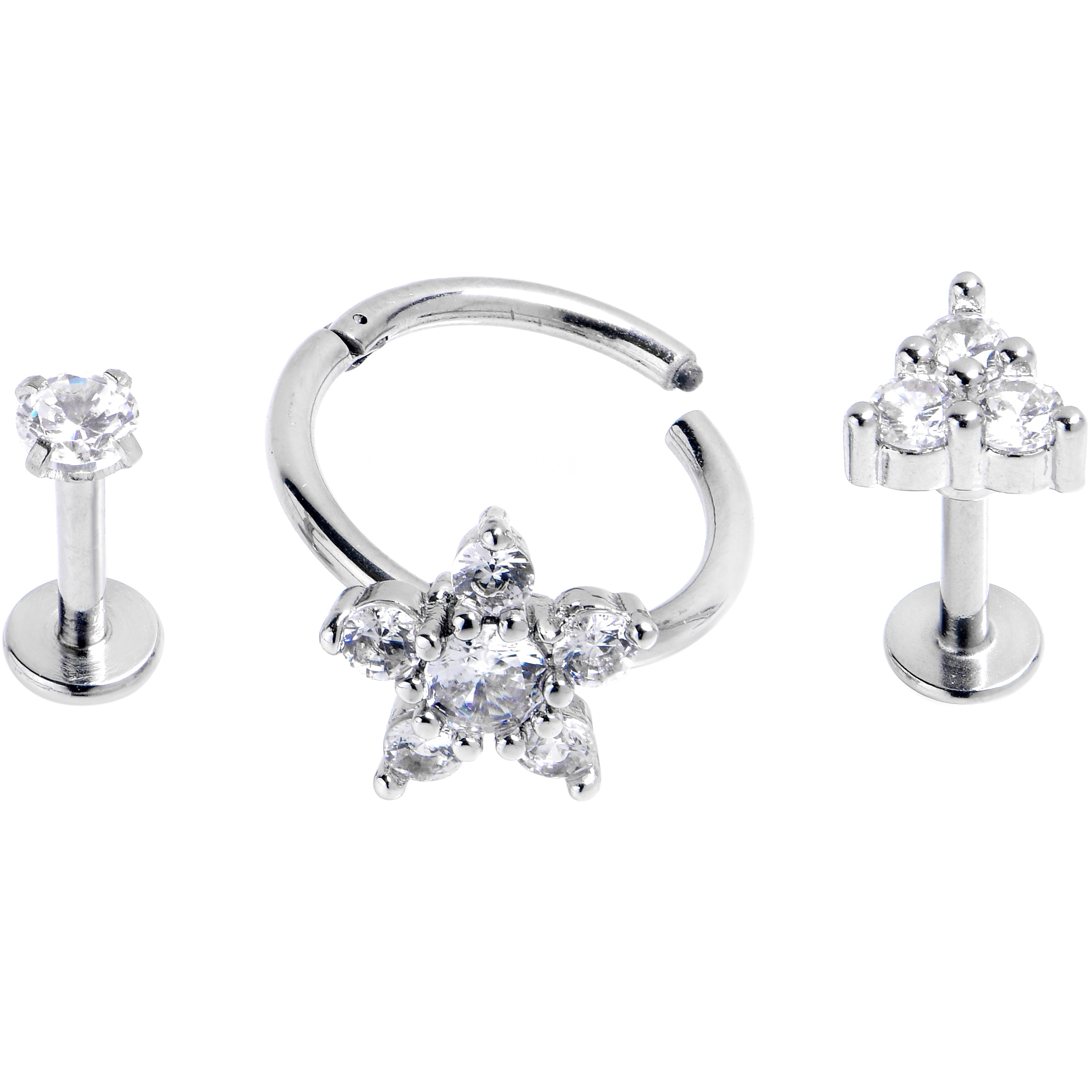 16G Clear CZ Gem Glam Style Star Labret Segment Ring Set of 3
