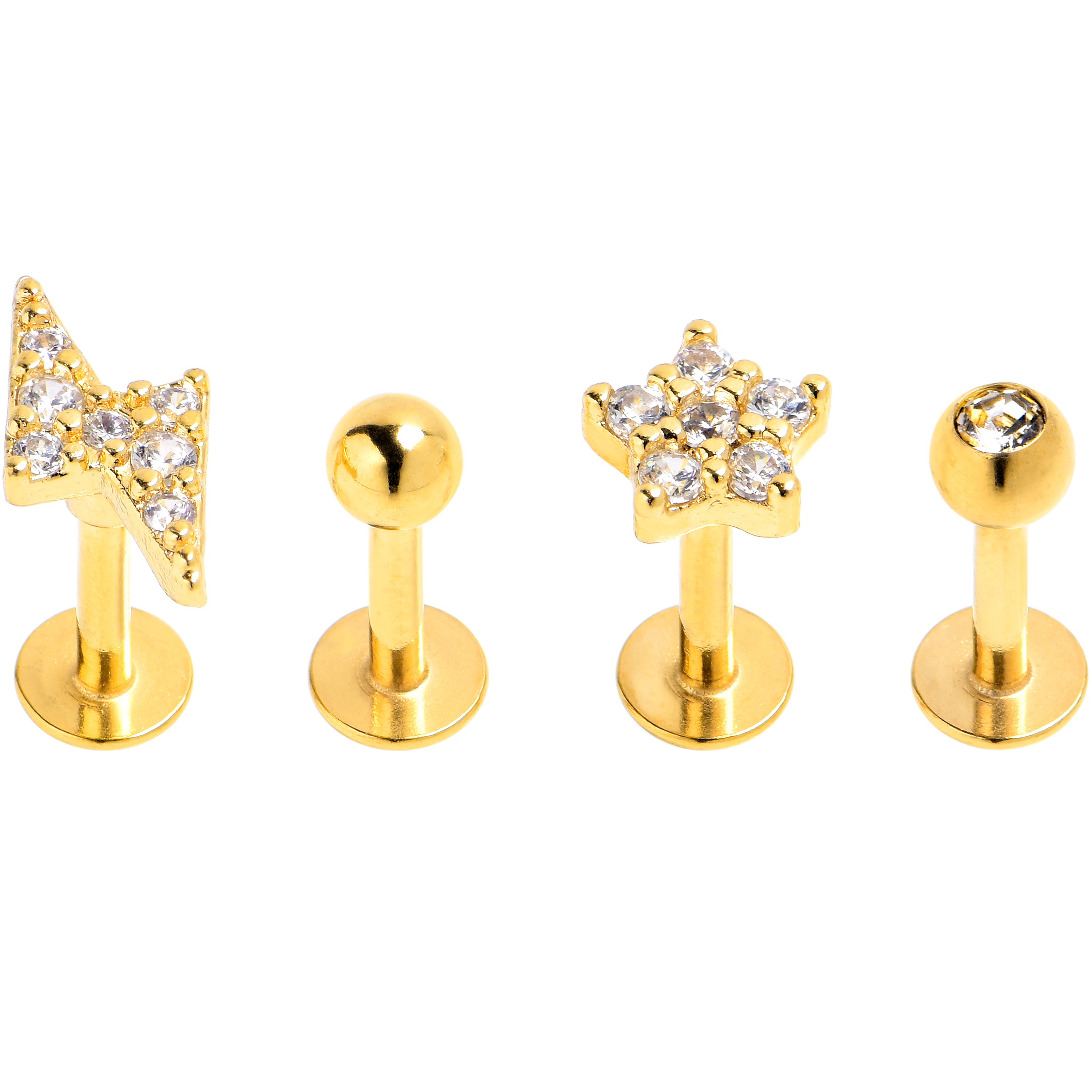 16G 1/4 Clear CZ Gem Gold Tone Bling Star Labret Tragus Curation Set of 4