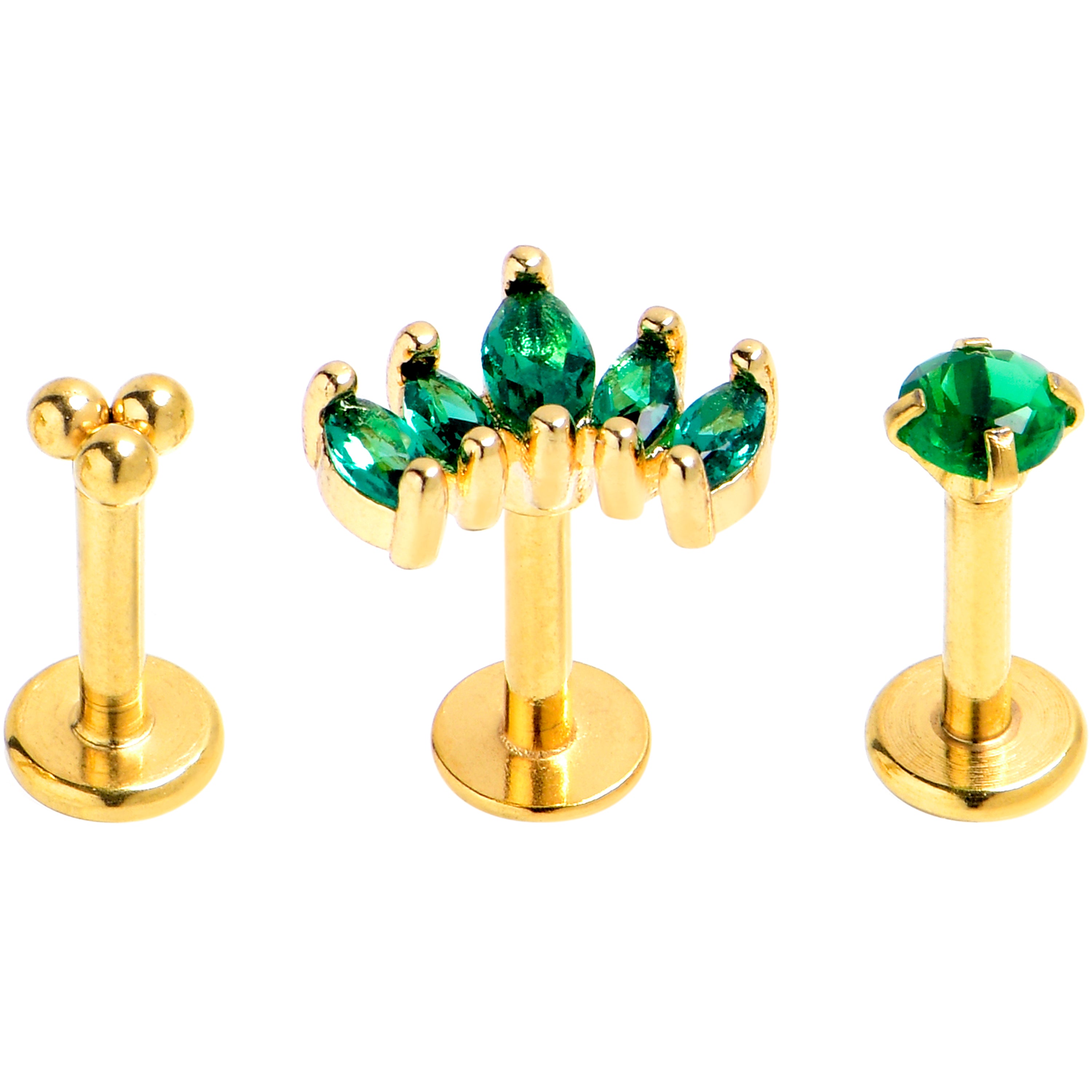 16G 1/4 Green CZ Gem Gold Tone Royal Glam Labret Tragus Set of 3