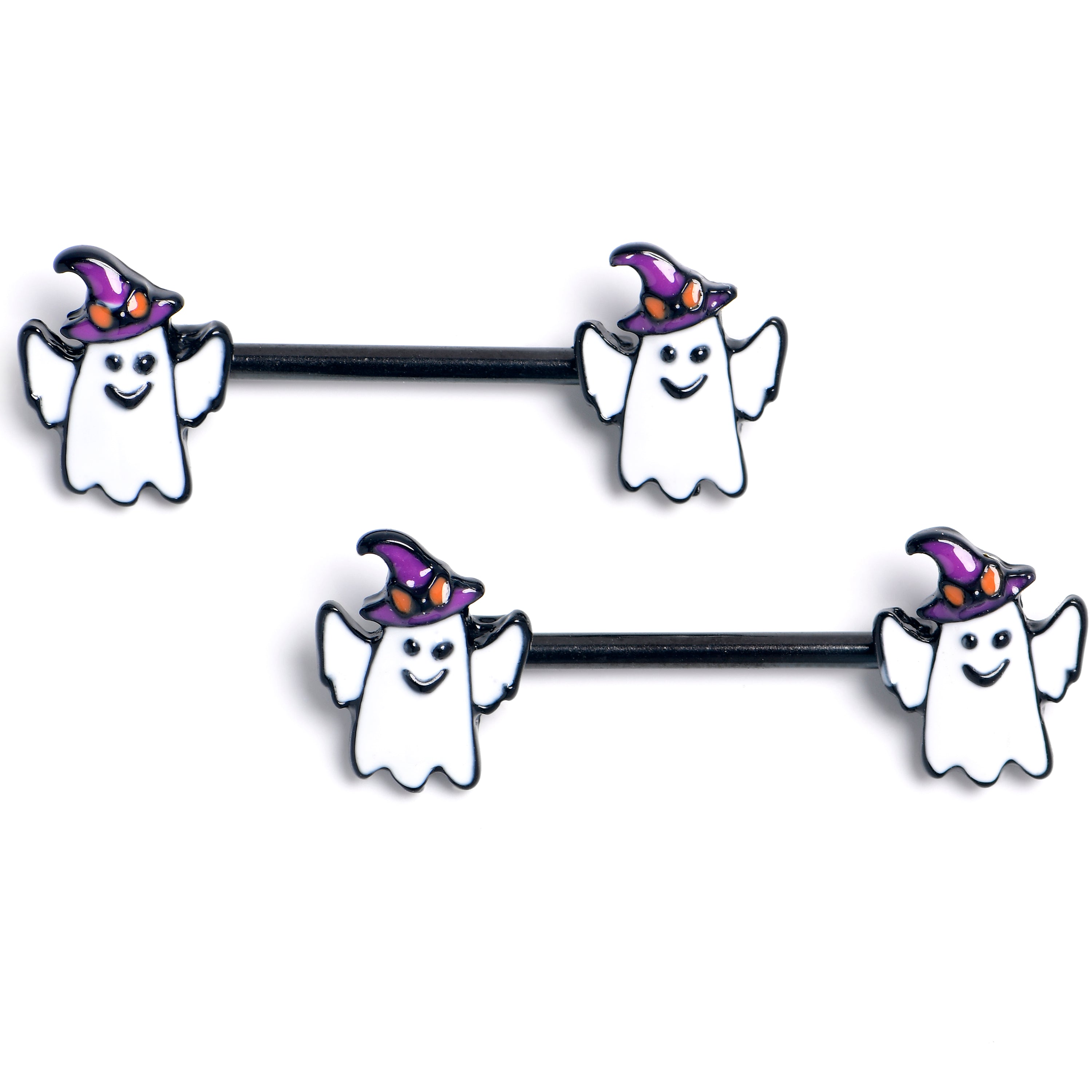 14G 9/16 Black Witch Hat Ghost Halloween Barbell Nipple Ring Set