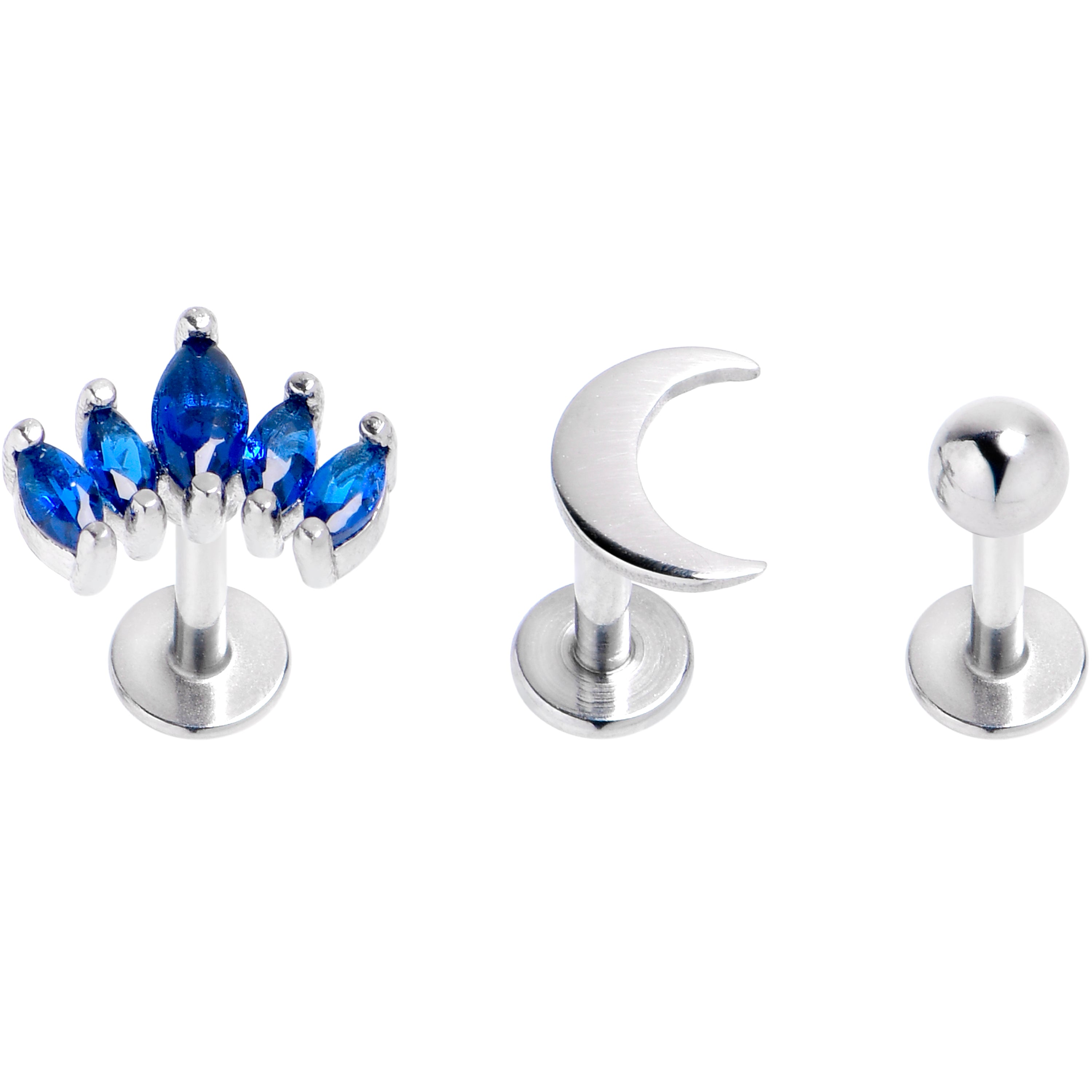 16G 1/4 Blue CZ Gem Moon Arch Labret Tragus Set of 3