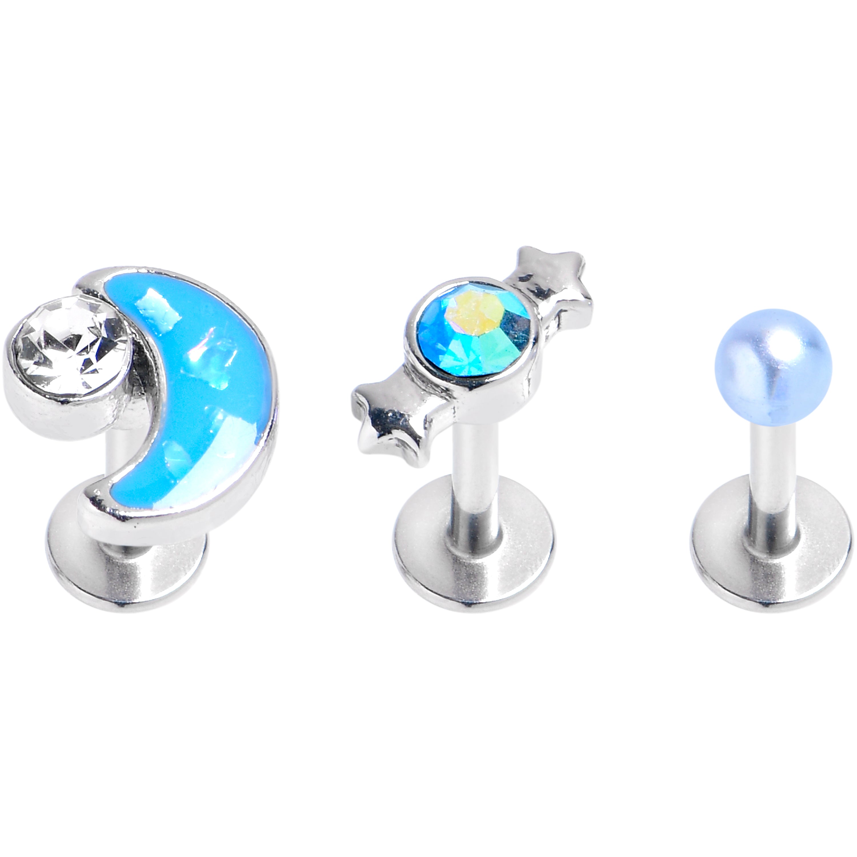 16G 1/4 Clear Aurora CZ Gem Moon Candy Labret Tragus Curation Set of 3