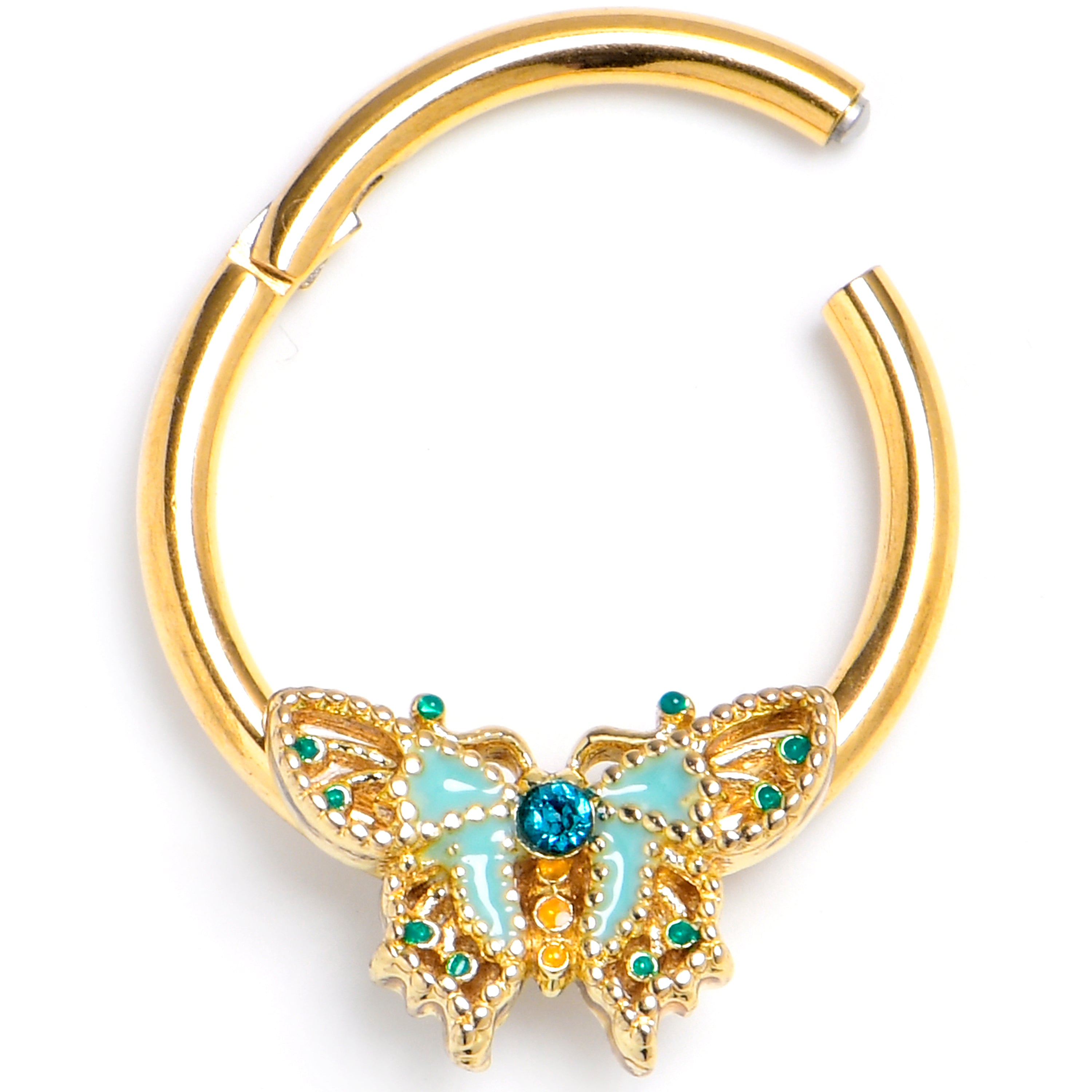 16G 3/8 Blue Gem Gold Tone Rococo Butterfly Hinged Segment Ring