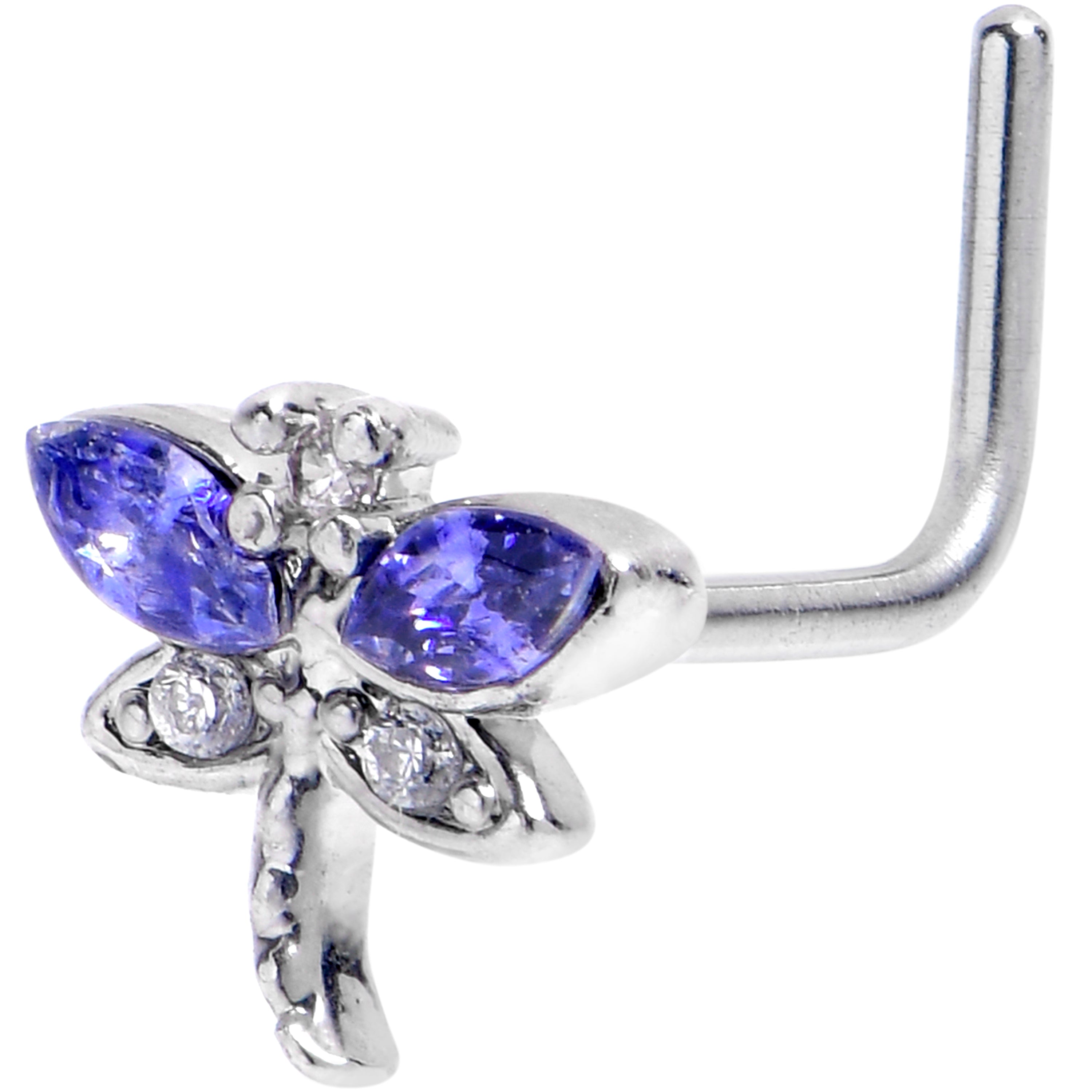 20G 7mm Clear Purple Gem Style Dragonfly L Shape Nose Ring