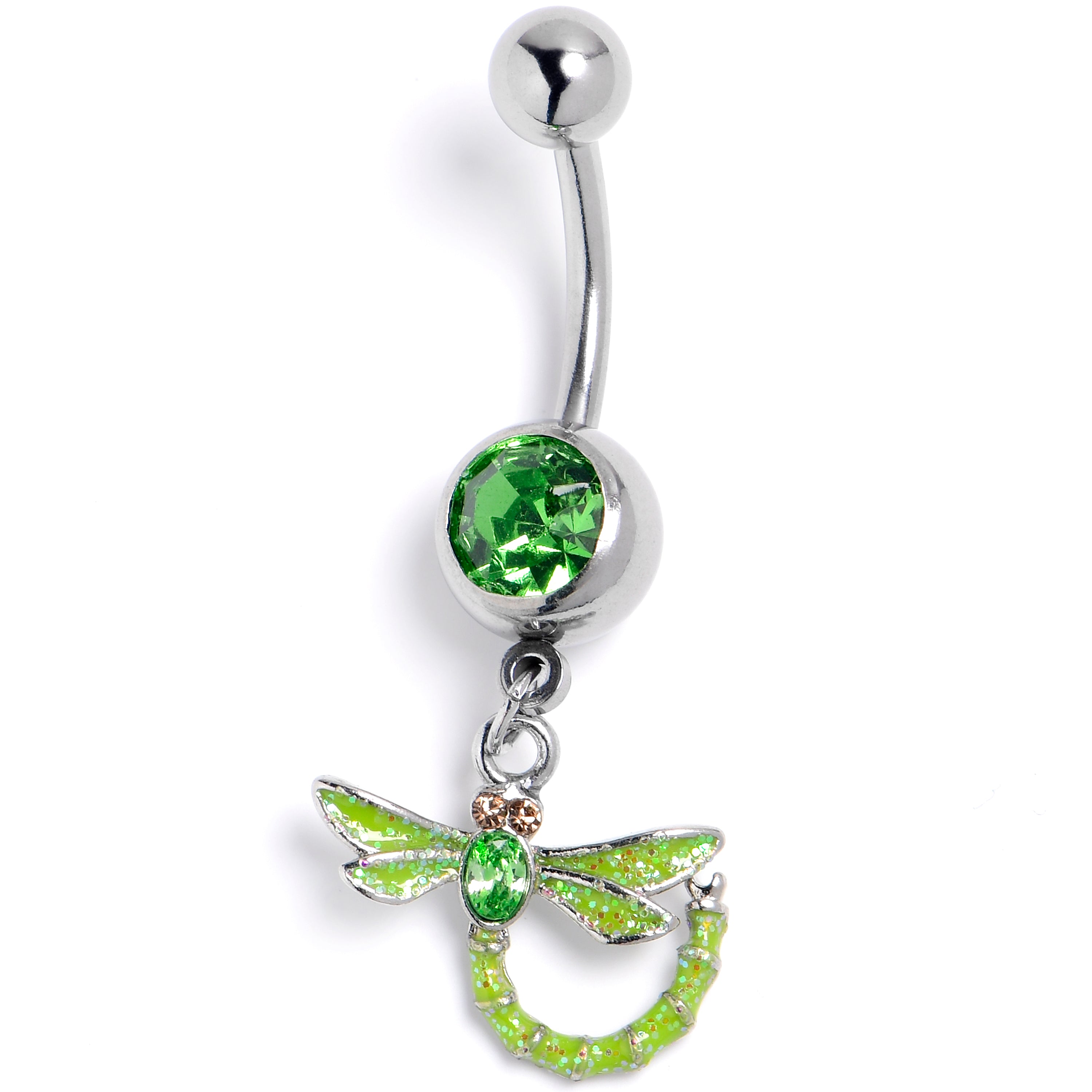 Green Gem Glorious Dragonfly Dangle Belly Ring