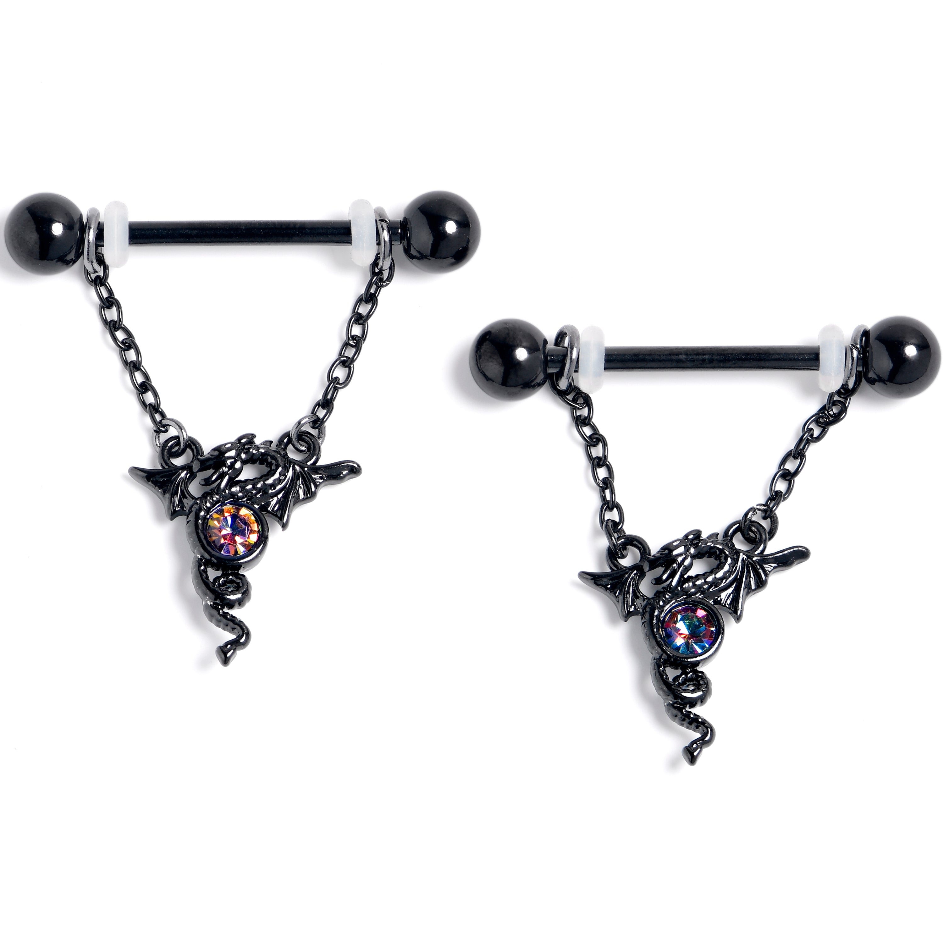 14G 9/16 Orange Gem Black Majestic Dragon Dangle Nipple Ring Set