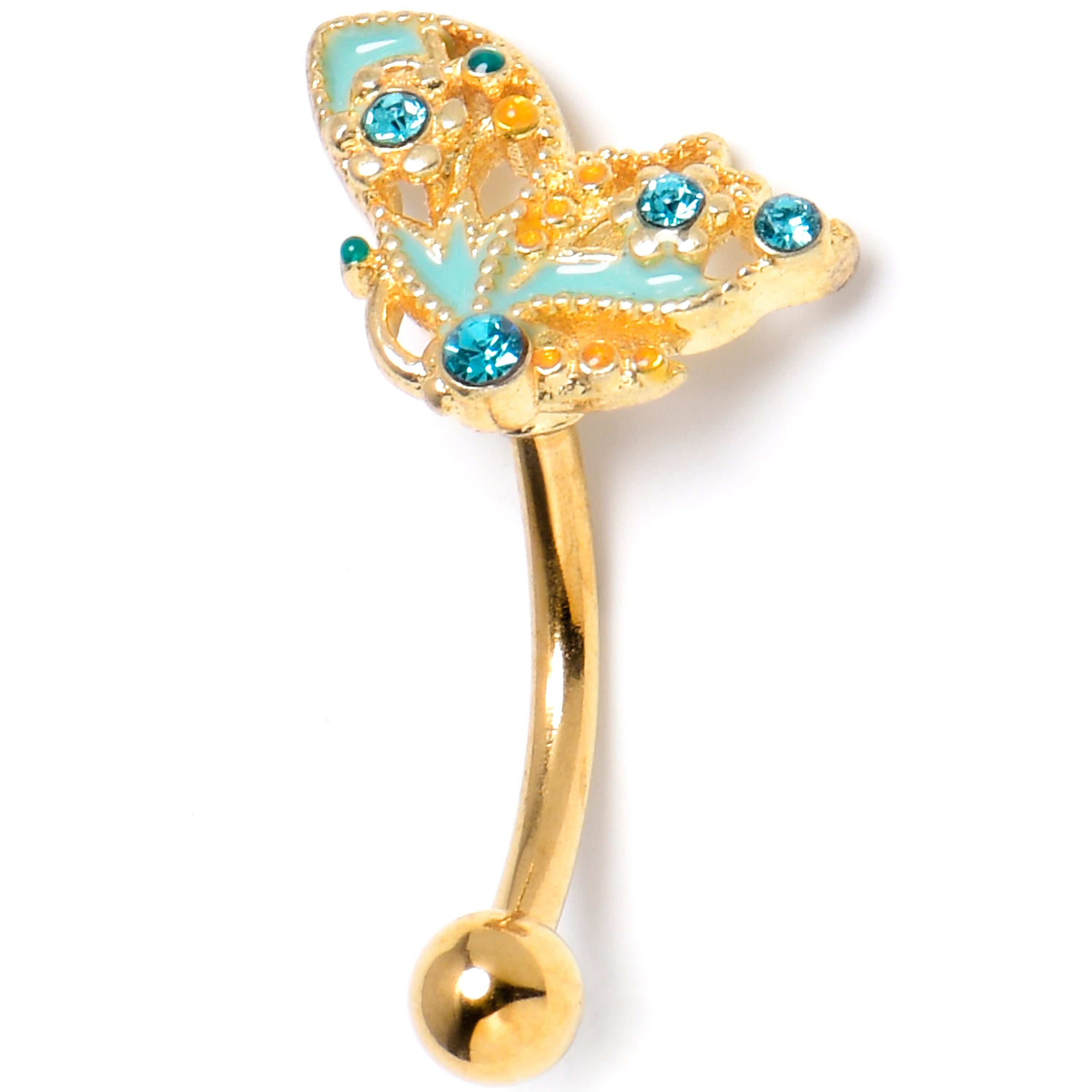 16G 5/16 Blue Gem Gold Tone Rococo Butterfly Curved Eyebrow Ring
