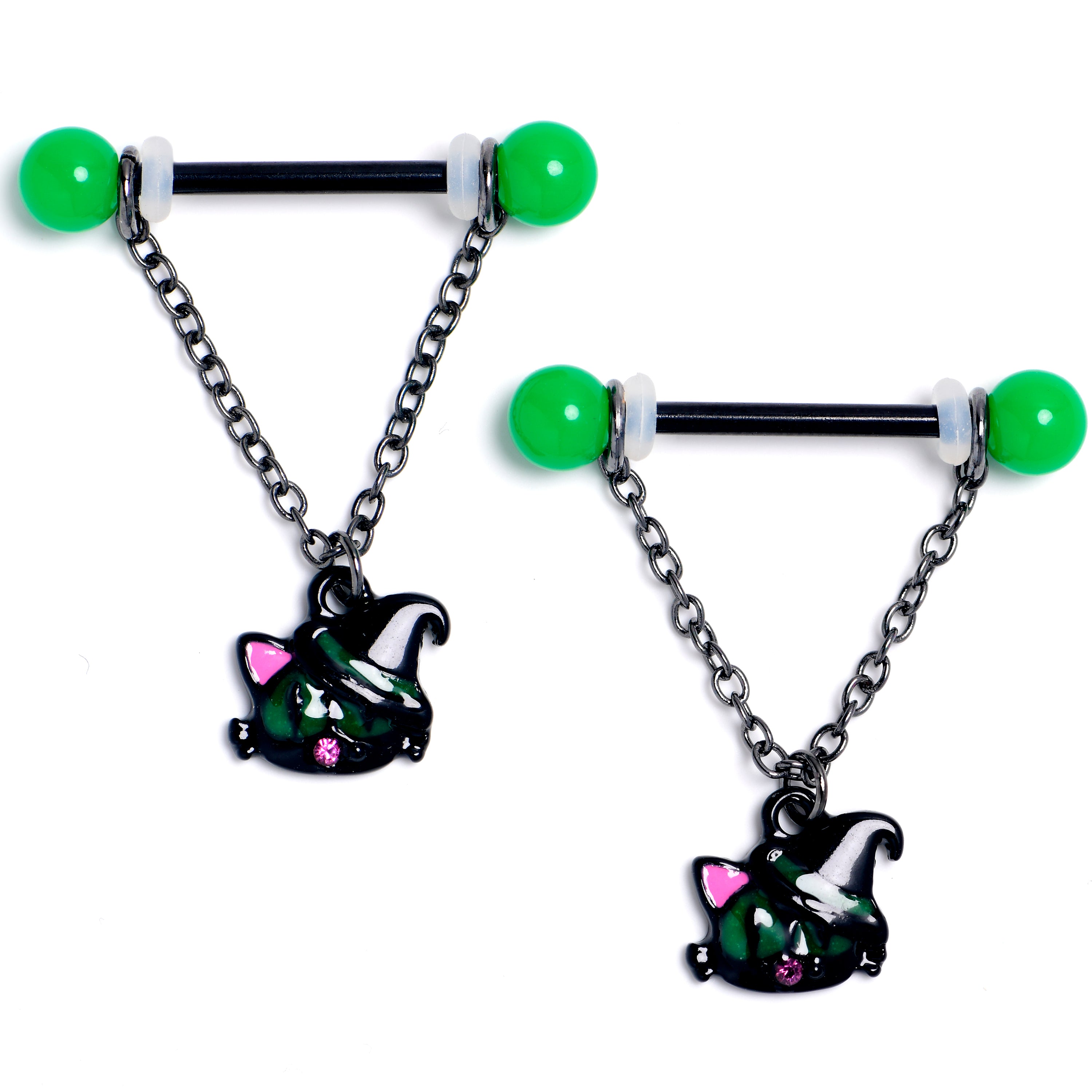 14G 9/16 Pink Gem Black Halloween Hat Cat Dangle Nipple Ring Set