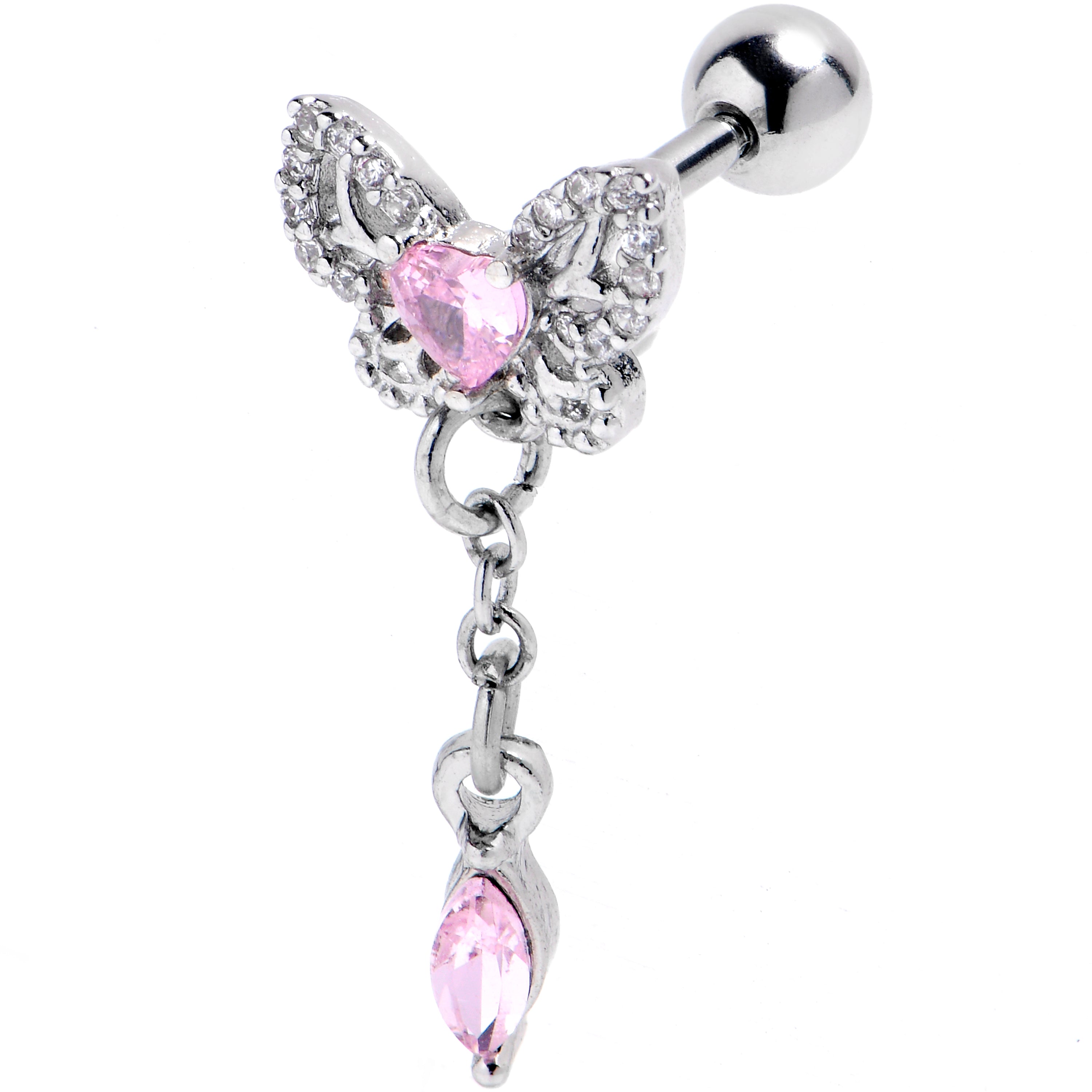 16G 1/4 Pink CZ Gem Butterfly Delight Cartilage Tragus Earring
