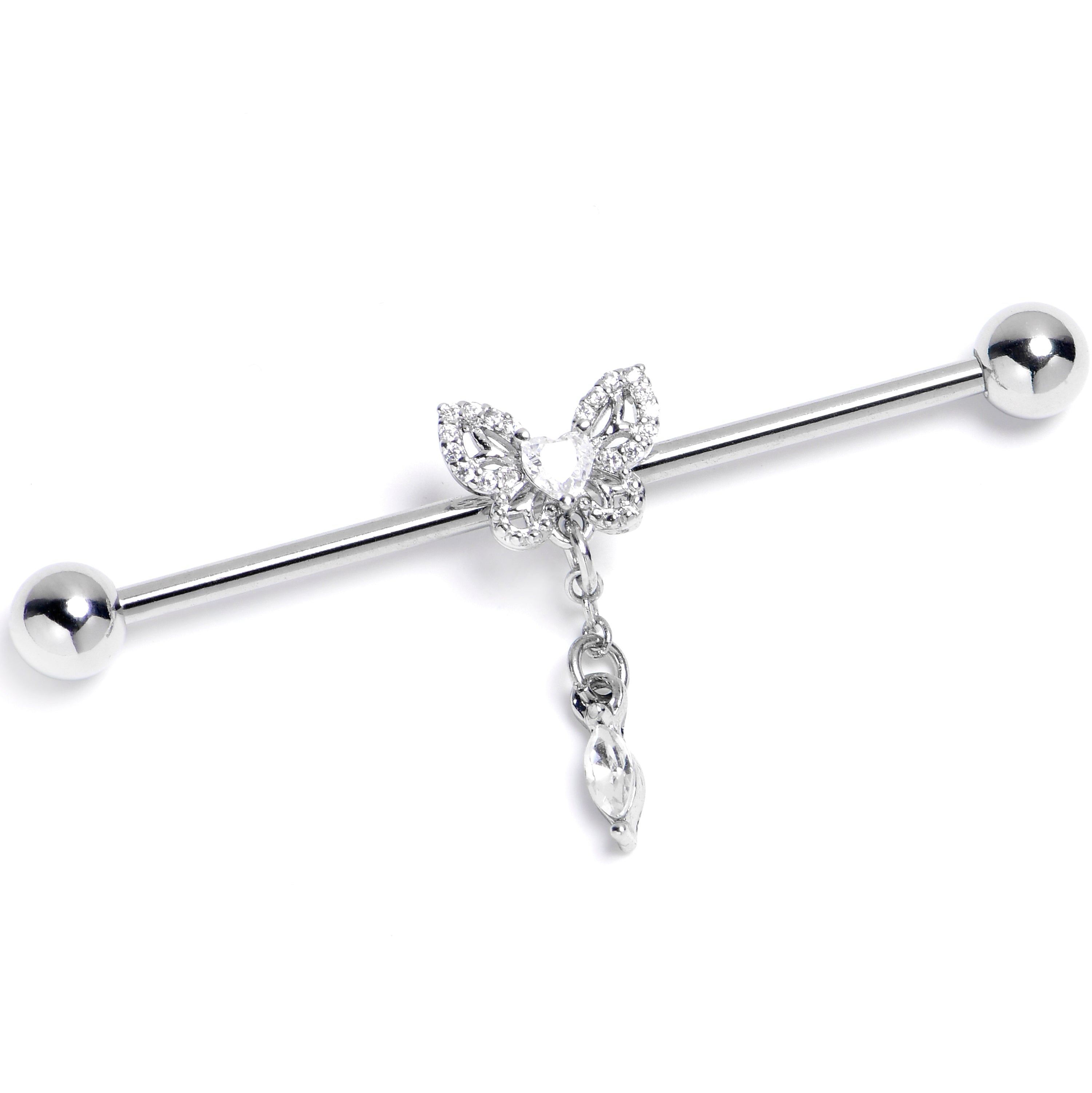 14G Clear CZ Gem Butterfly Delight Dangle Industrial Barbell 38mm