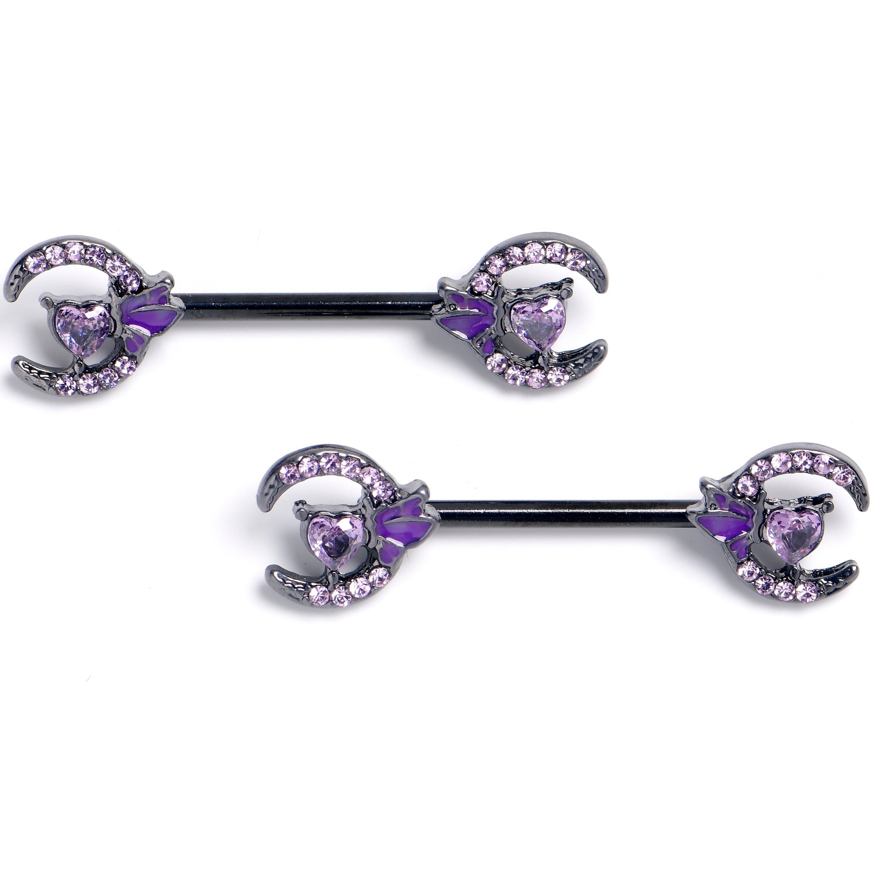 14G 9/16 Purple Gem Black Butterfly Heart Moon Nipple Ring Set