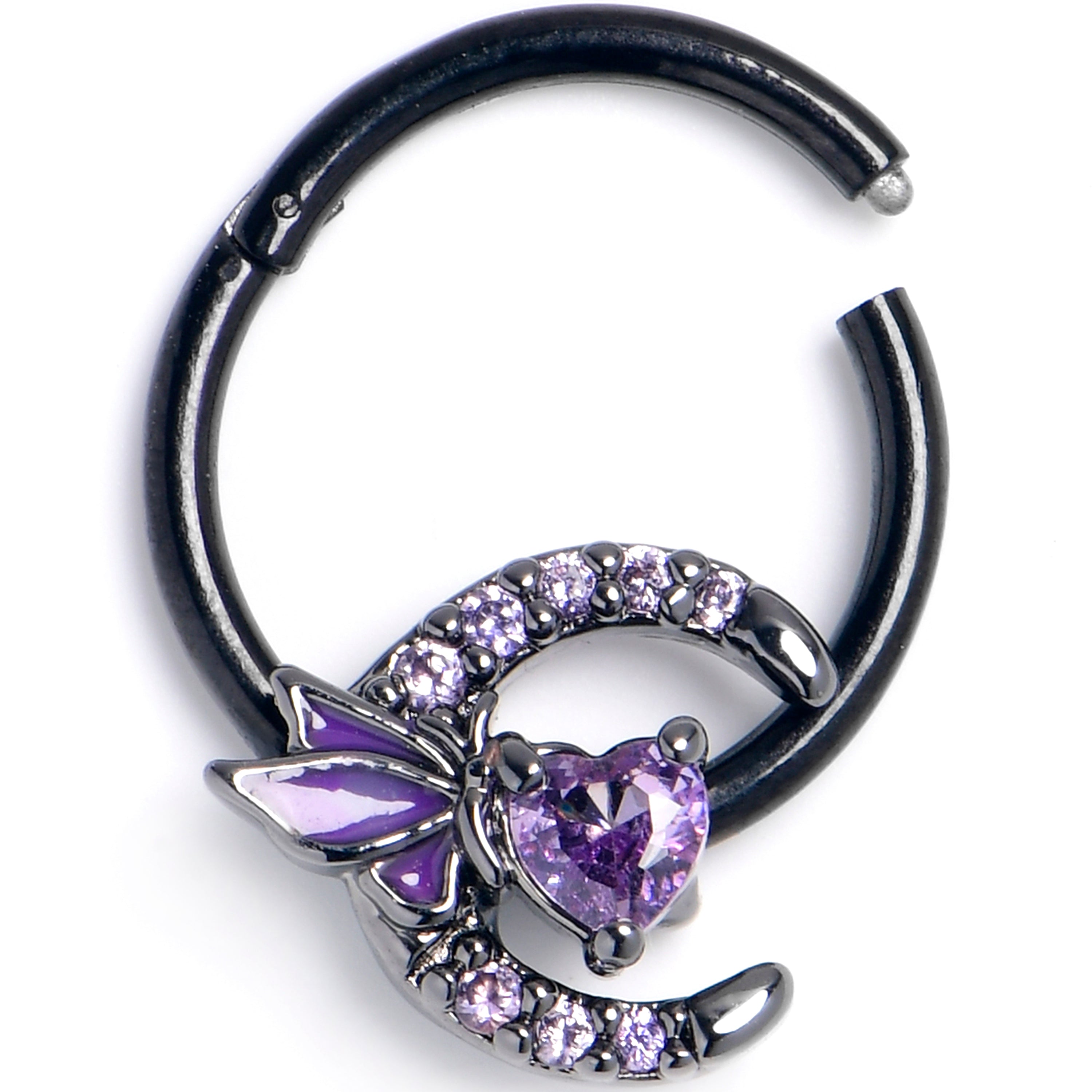 16G 3/8 Purple Gem Black Butterfly Heart Moon Hinged Segment Ring