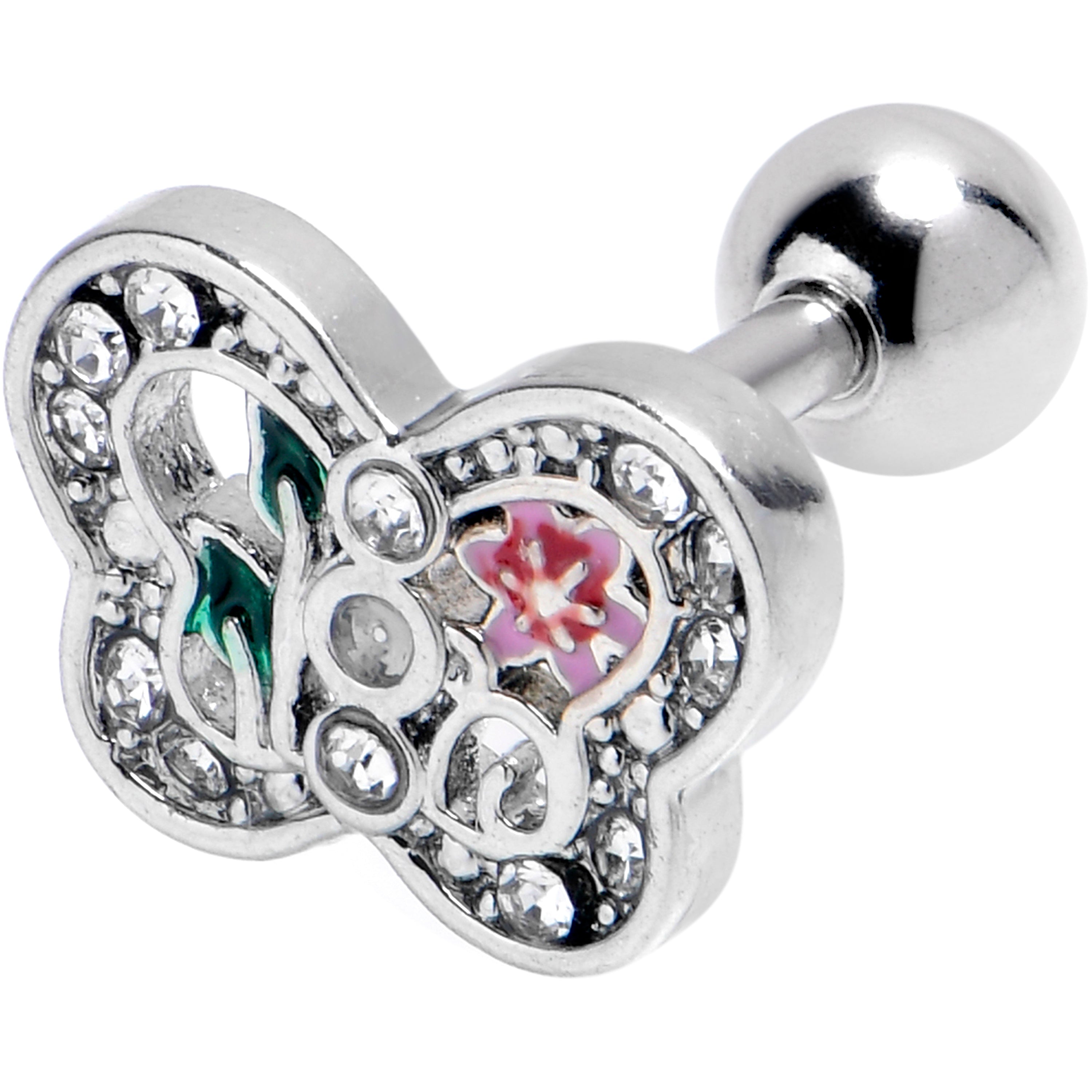 16G 1/4 Clear Gem Floral Butterfly Cartilage Tragus Earring