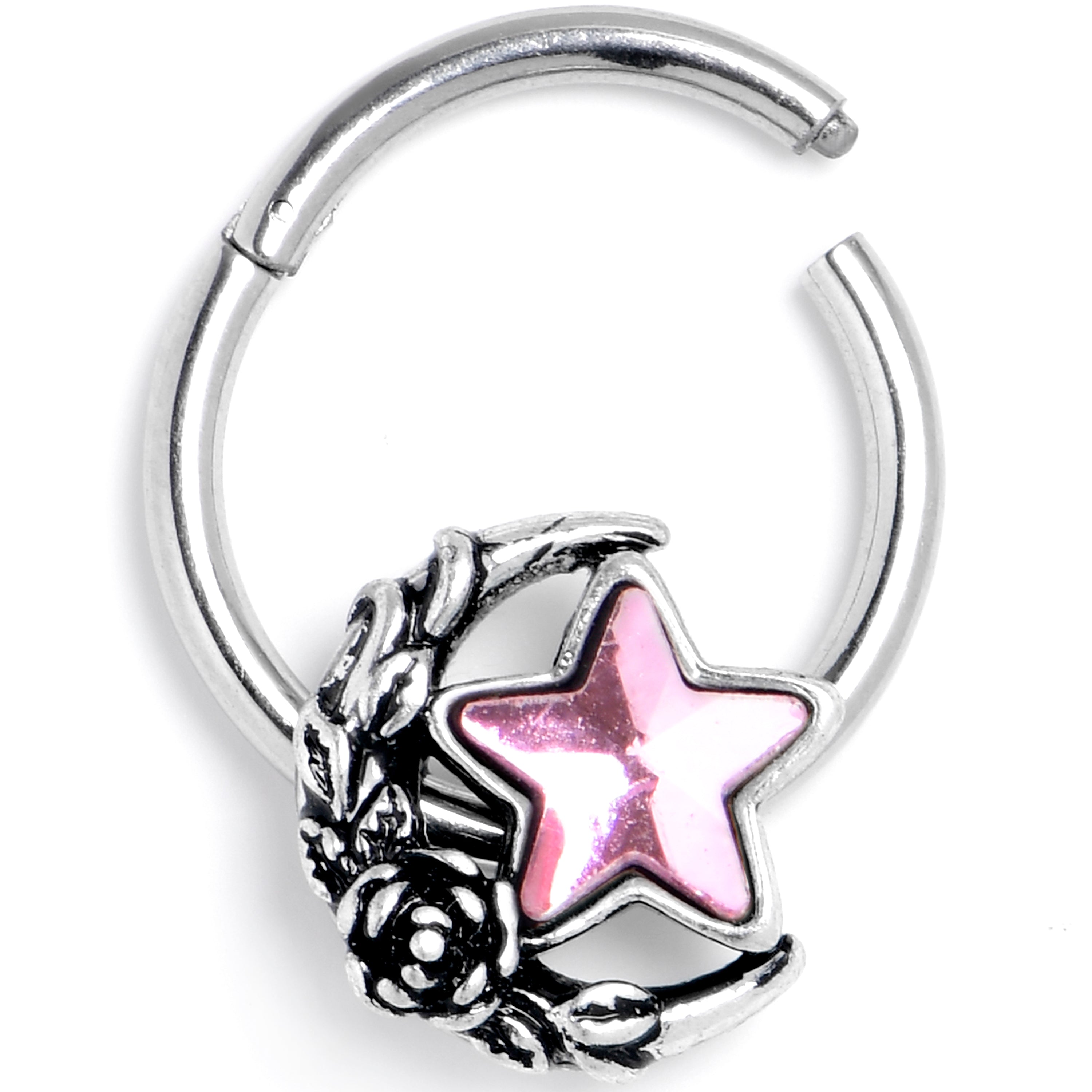 16G 3/8 Pink Gem Ornate Moon Star Hinged Segment Ring