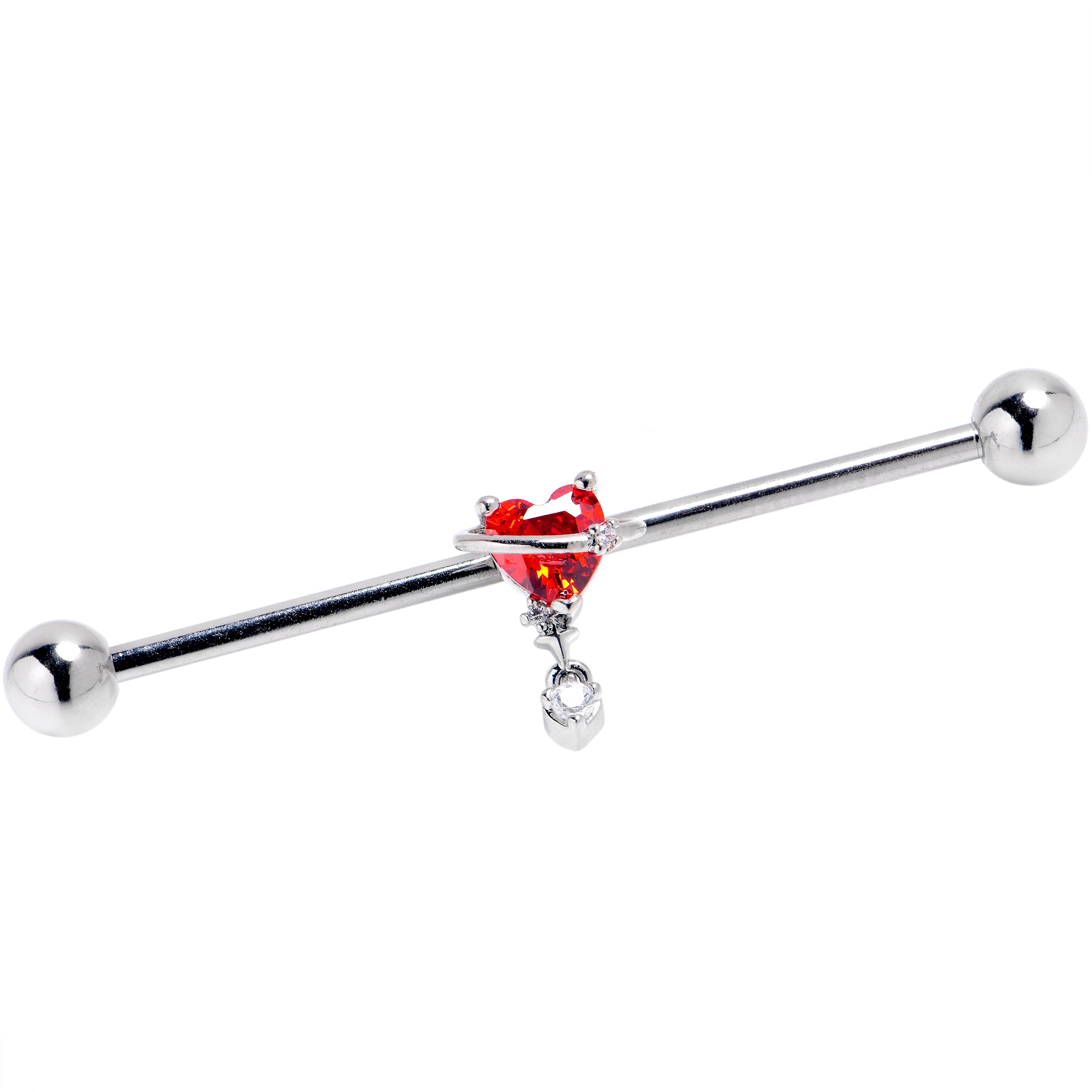 14G Red Clear Gem Saturn Heart Dangle Industrial Barbell 38mm
