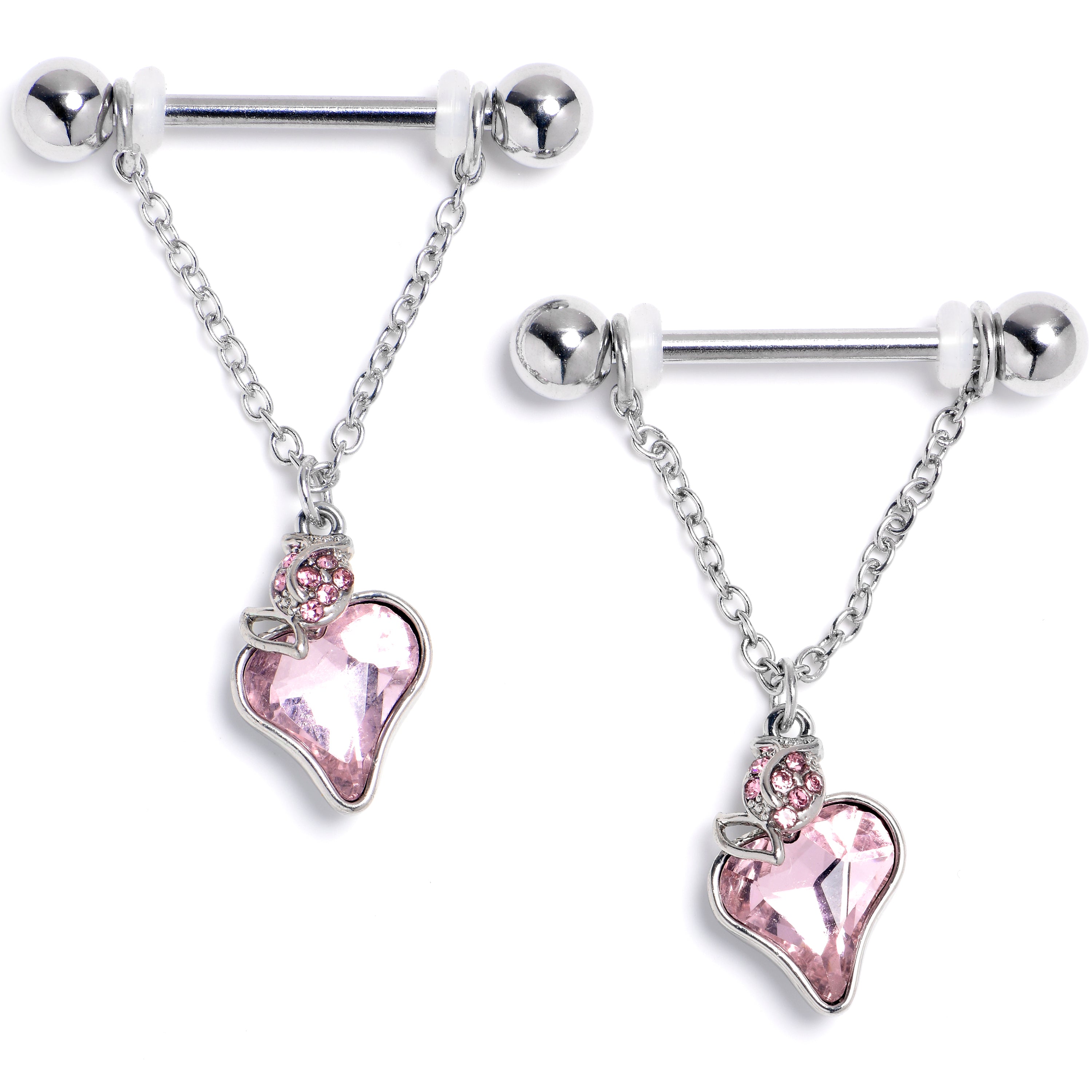 14G 9/16 Pink Gem Strawberry Love Chain Dangle Nipple Ring Set