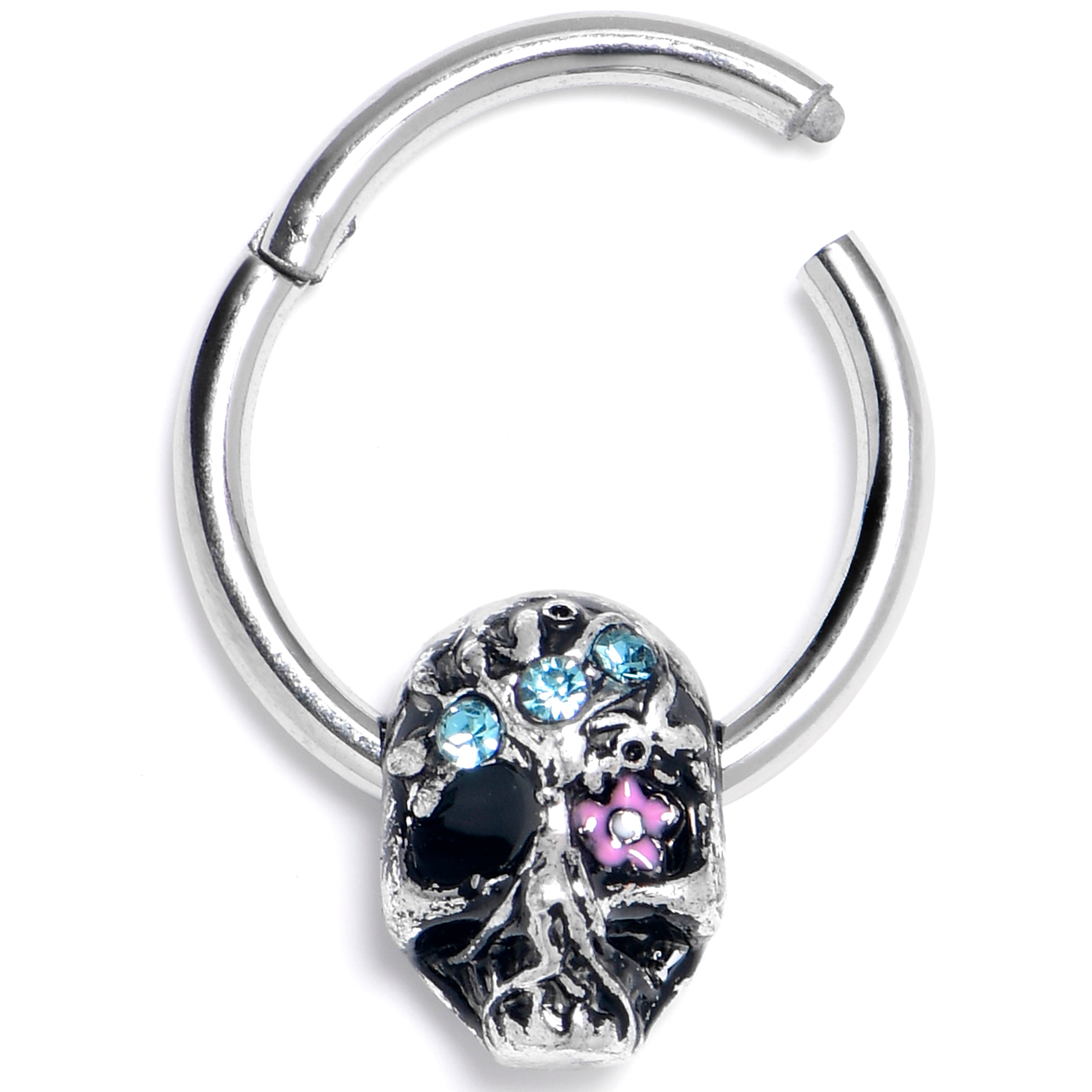 16G 3/8 Blue Gem Stylish Skull Hinged Segment Ring