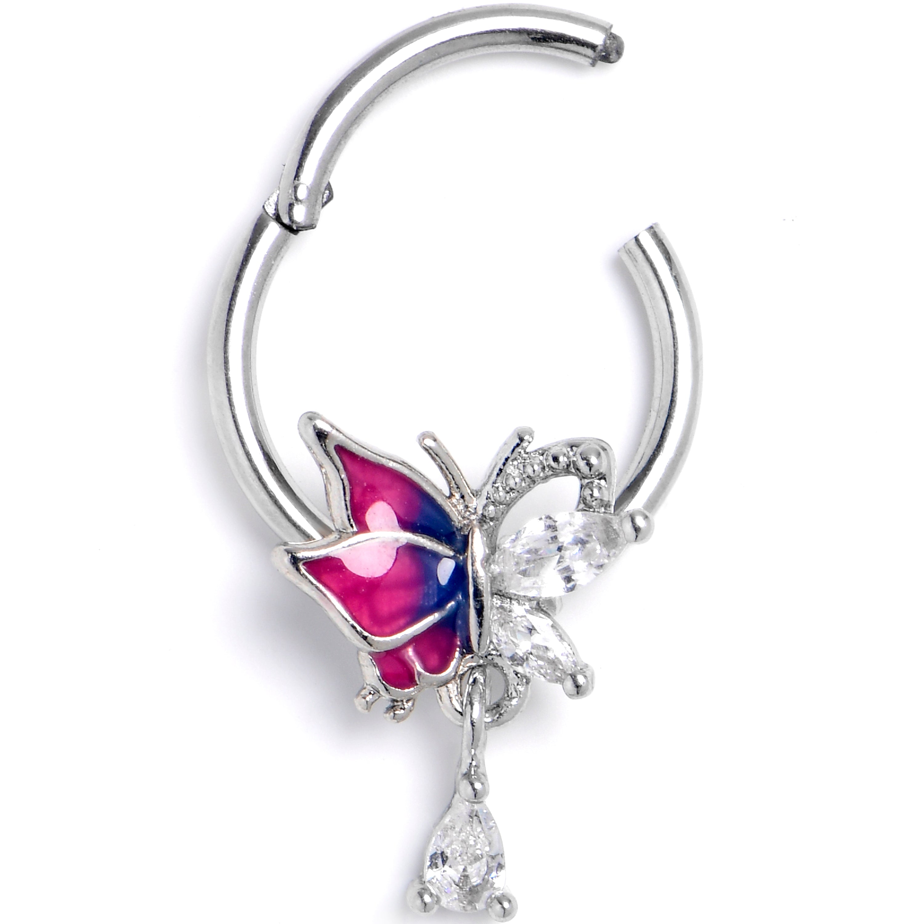 16G 3/8 Clear CZ Gem Dazzling Butterfly Purple Hinged Segment Ring