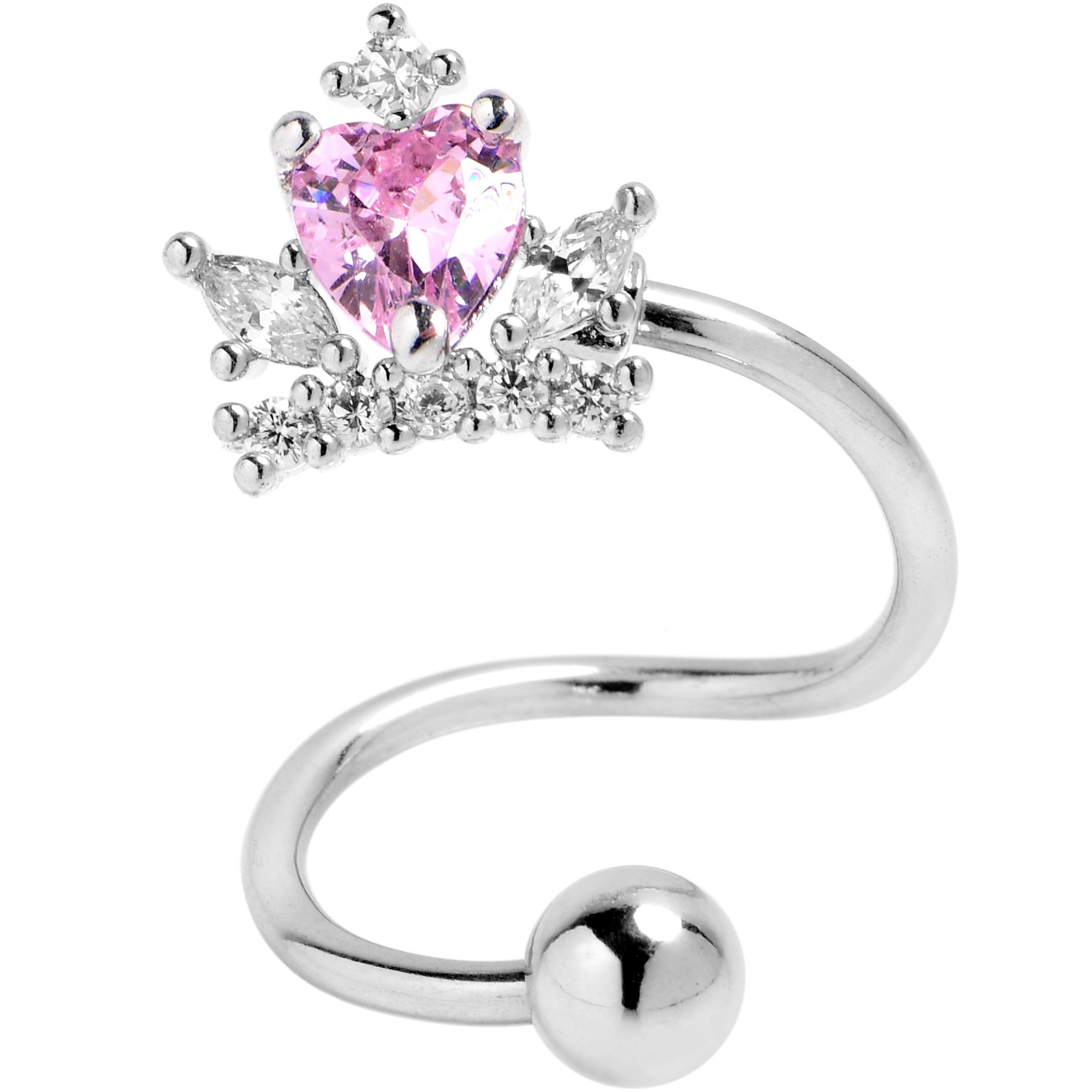 16G 3/8 Pink Clear Gem Crown Heart Spiral Twister Cartilage Ring
