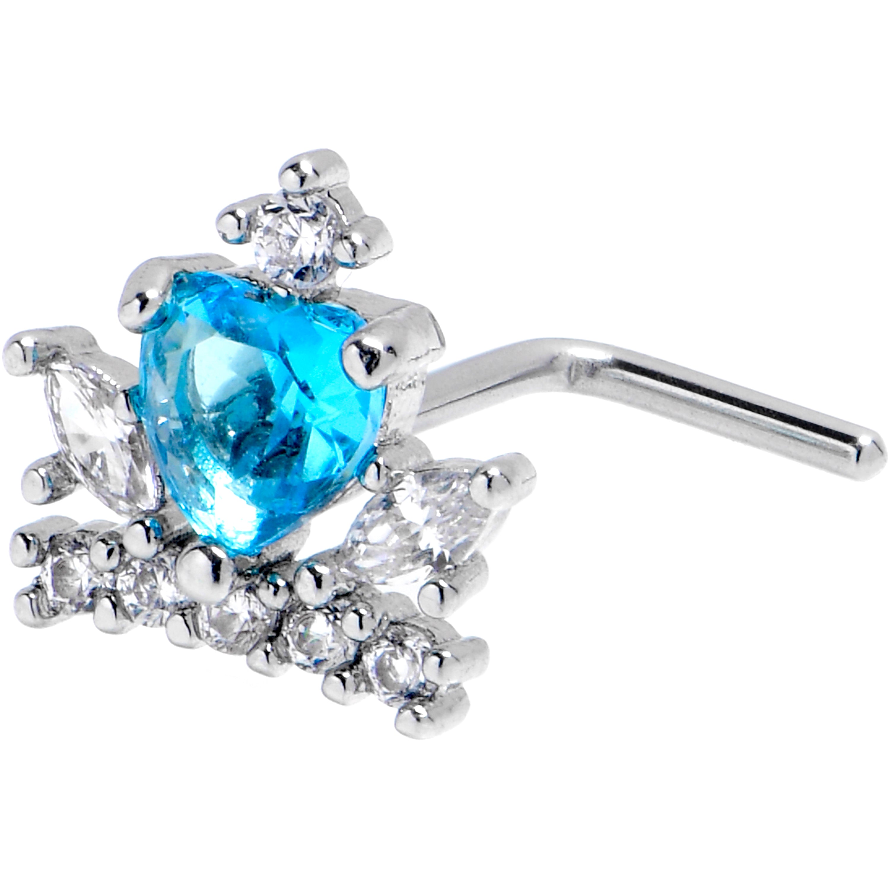 20G 7mm Clear Blue CZ Gem Crown Heart L Shape Nose Ring