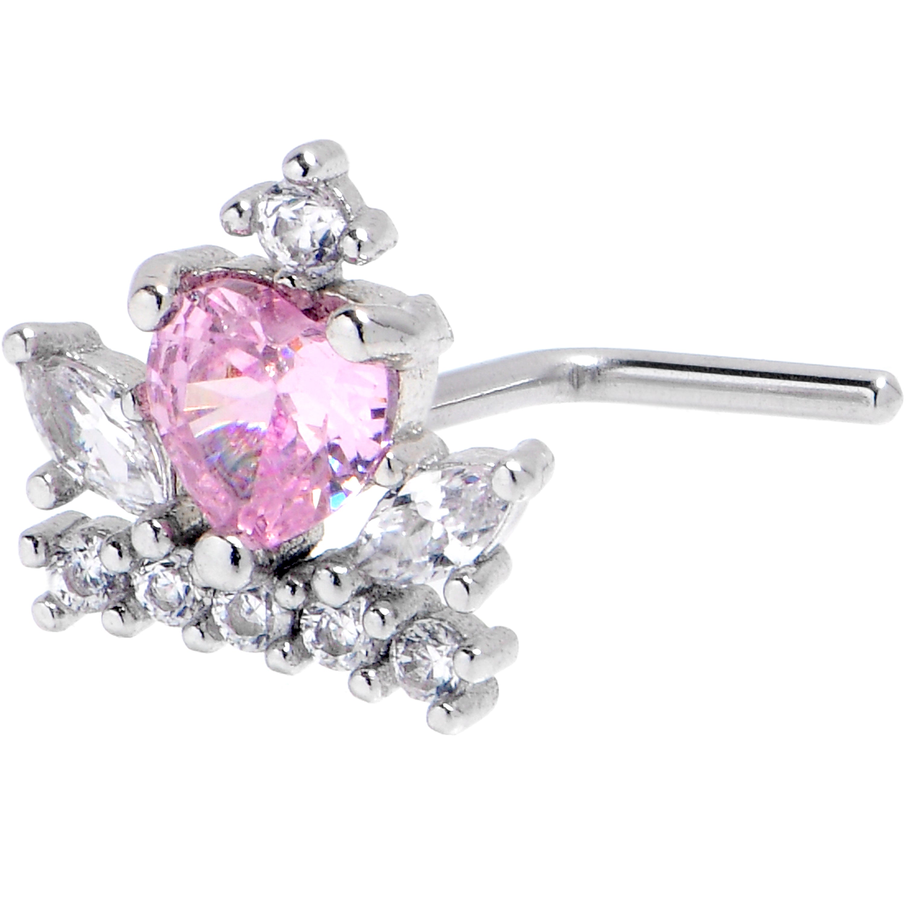 20G 7mm Pink Clear CZ Gem Crown Heart L Shape Nose Ring