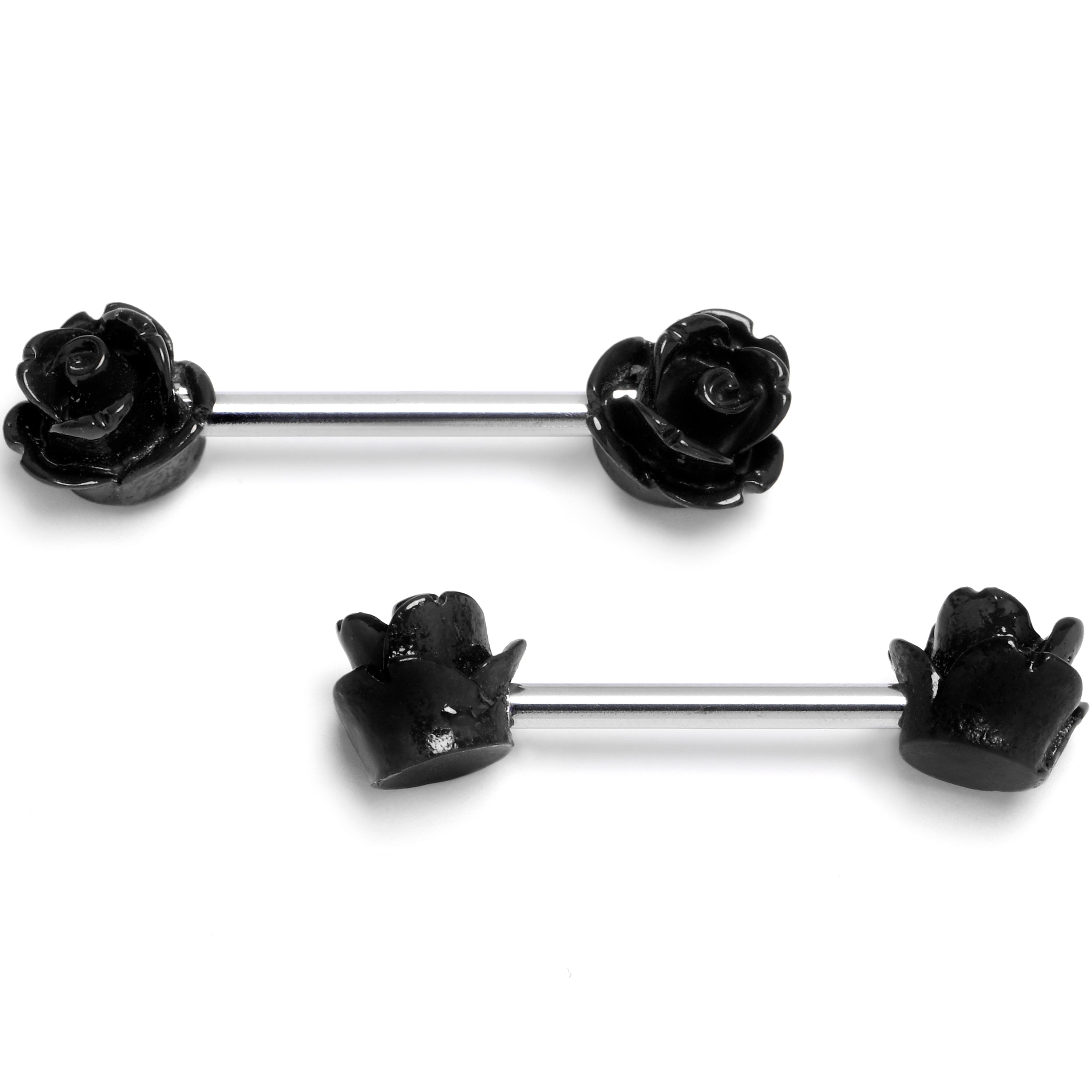 14G 1/2 Open Bloom Rose Black Barbell Nipple Ring Set