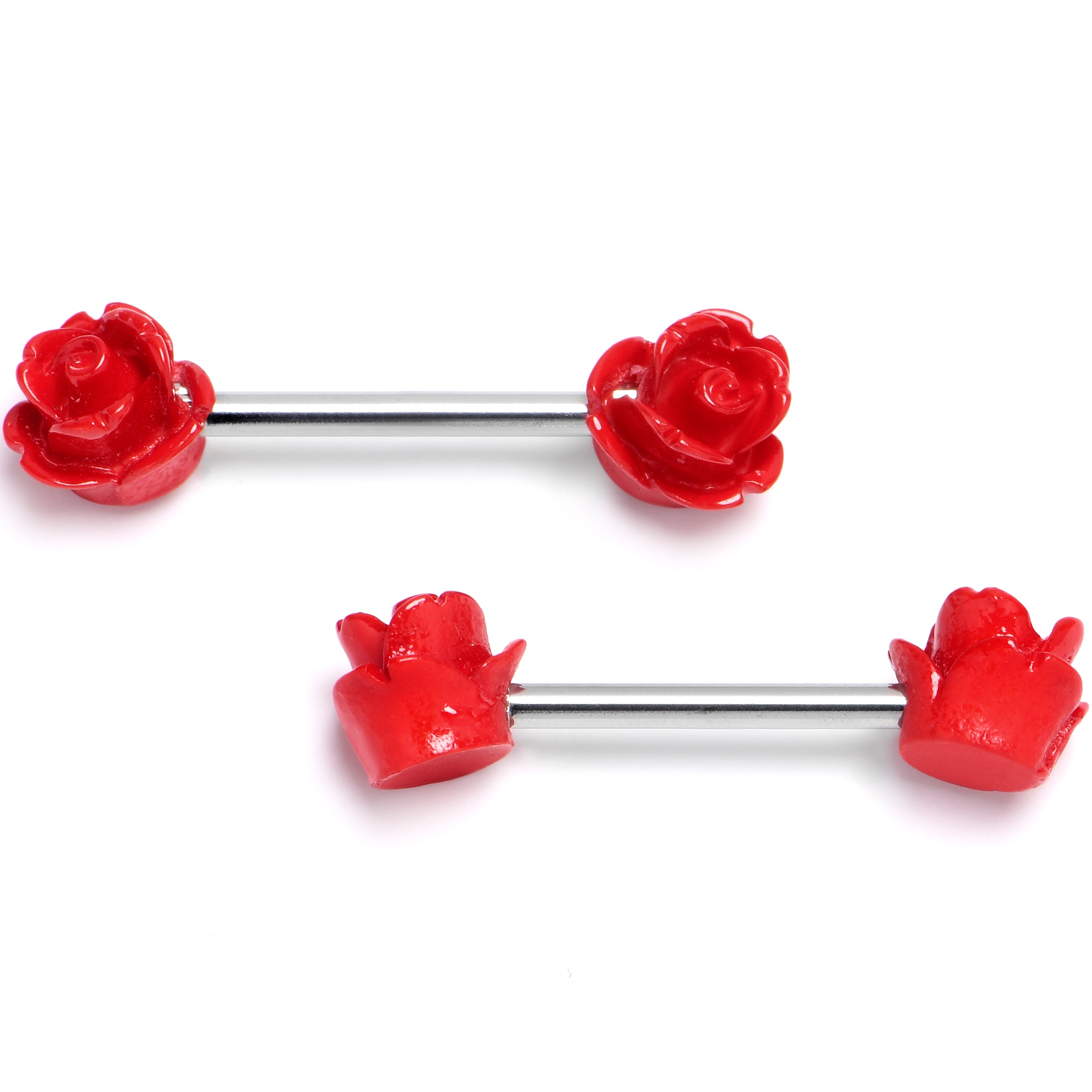 14G 1/2 Open Bloom Rose Red Barbell Nipple Ring Set