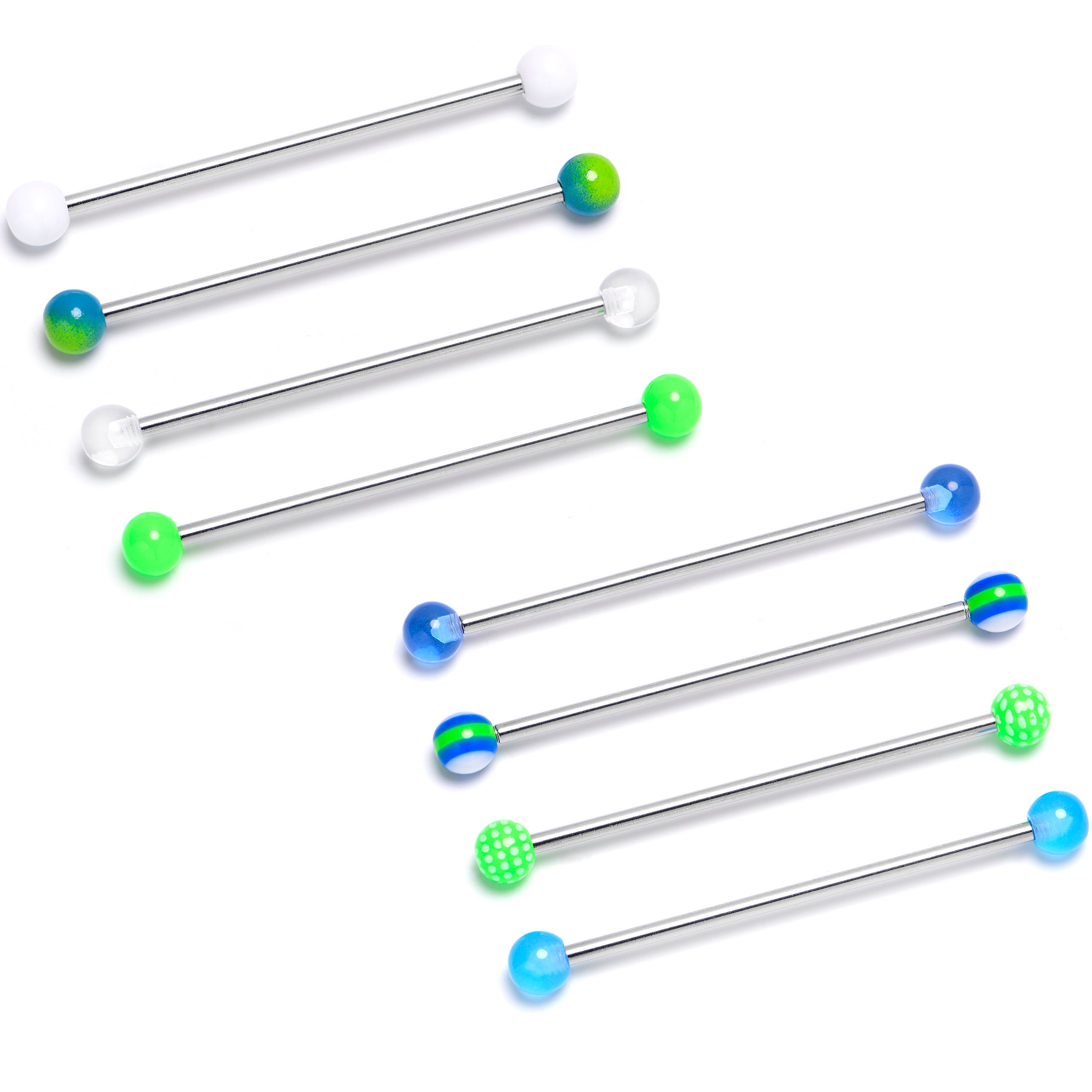 14G Blues Greens White Industrial Barbell 38mm Set of 8