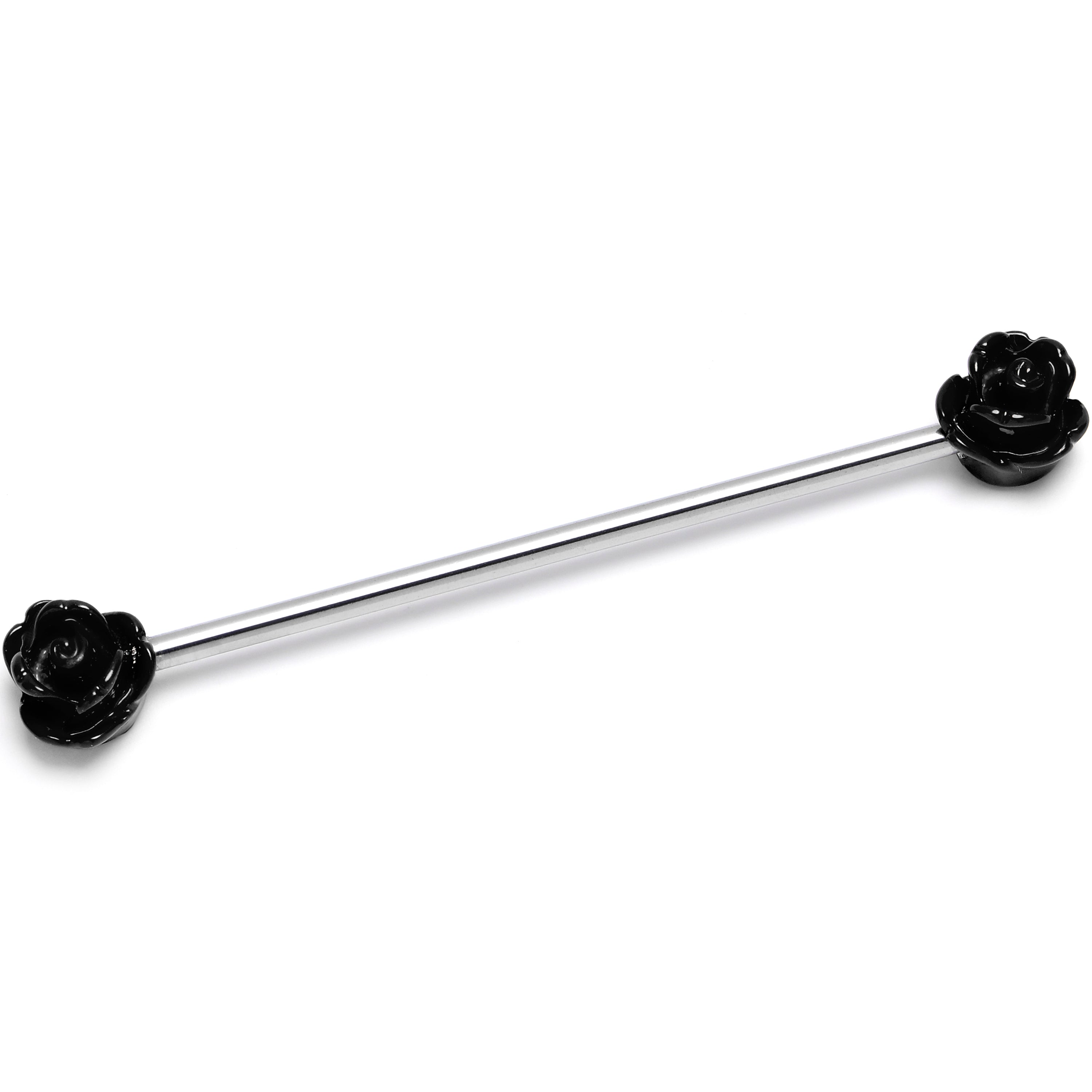 14G Open Bloom Rose Black Industrial Barbell 38mm
