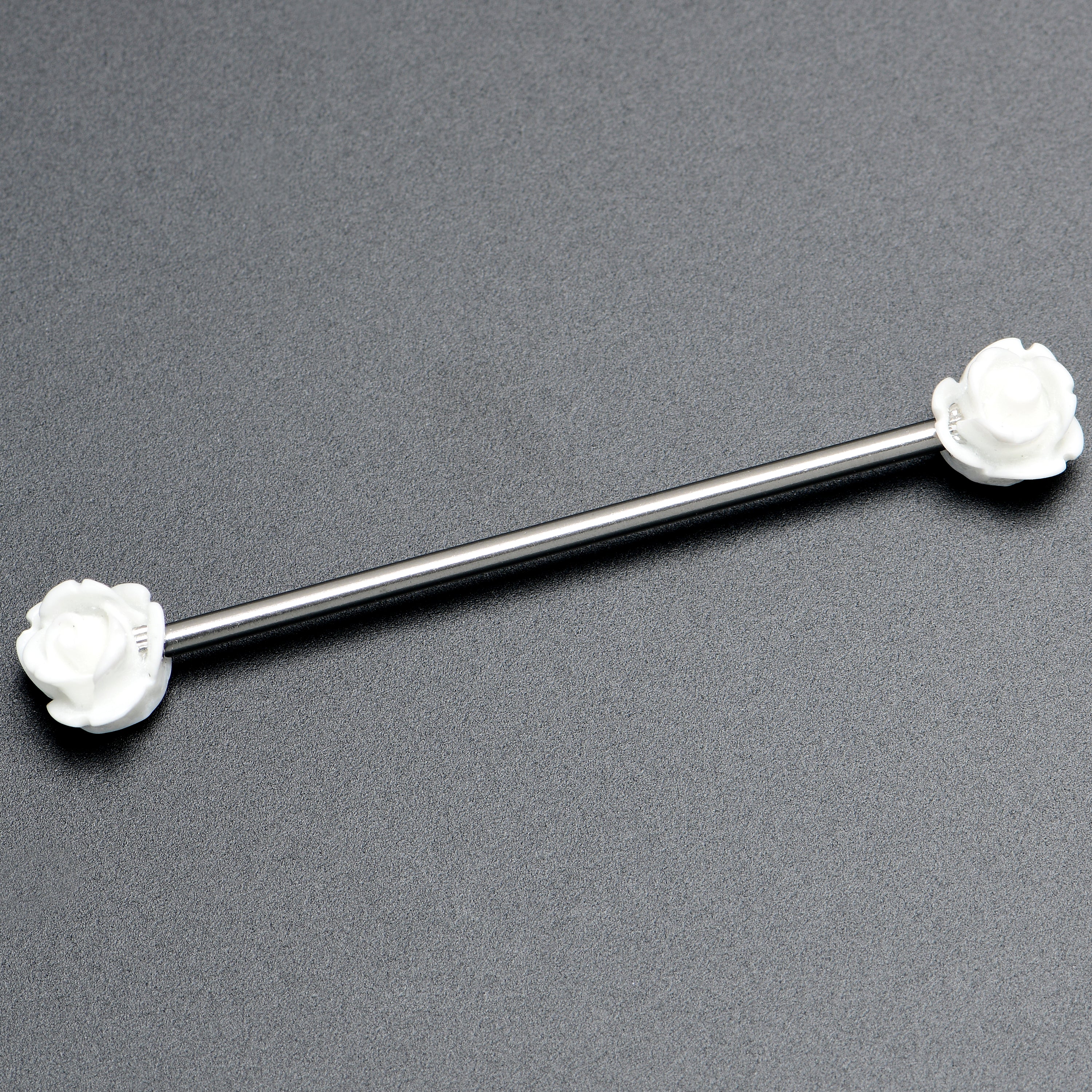 14G Open Bloom Rose White Industrial Barbell 38mm