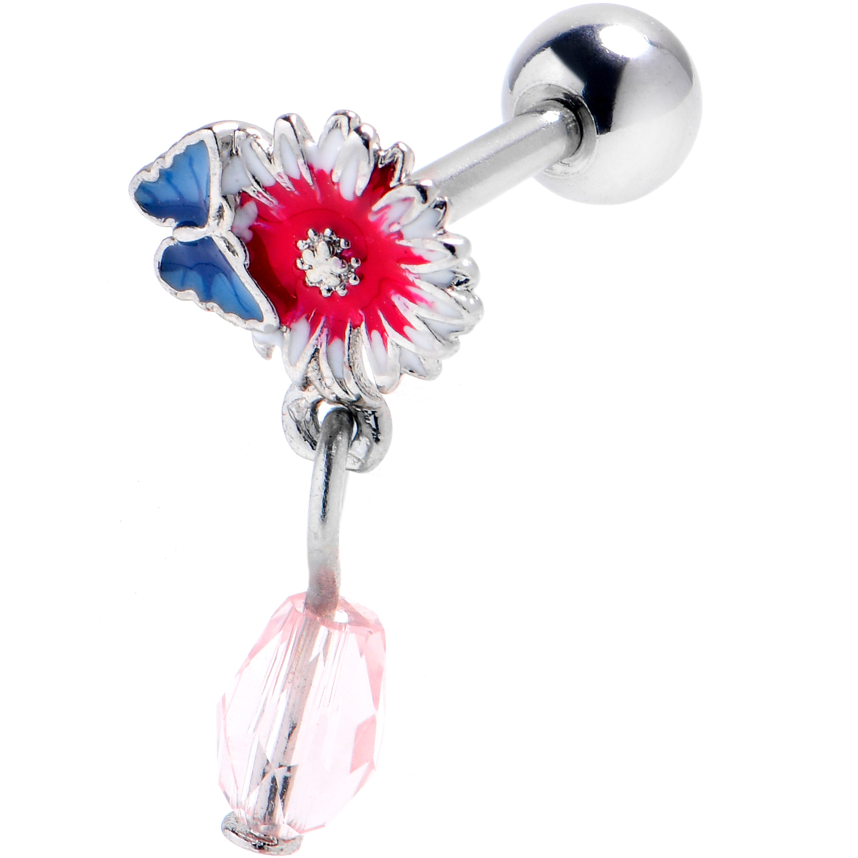 16G 1/4 Pink Gem Passion Flower Butterfly Cartilage Tragus Earring