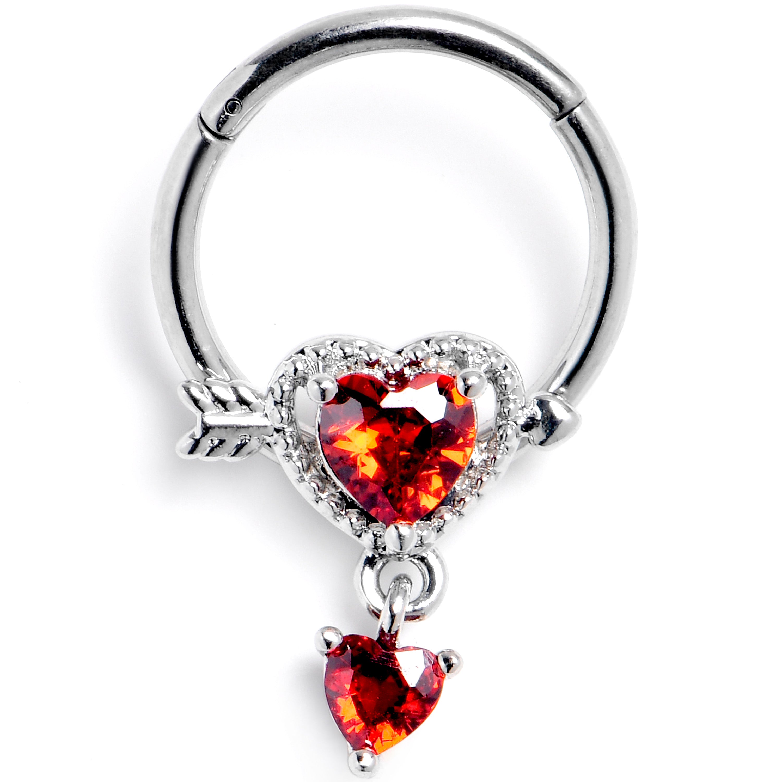16G 3/8 Red CZ Gem Fusion of Love Arrow Heart Hinged Segment Ring