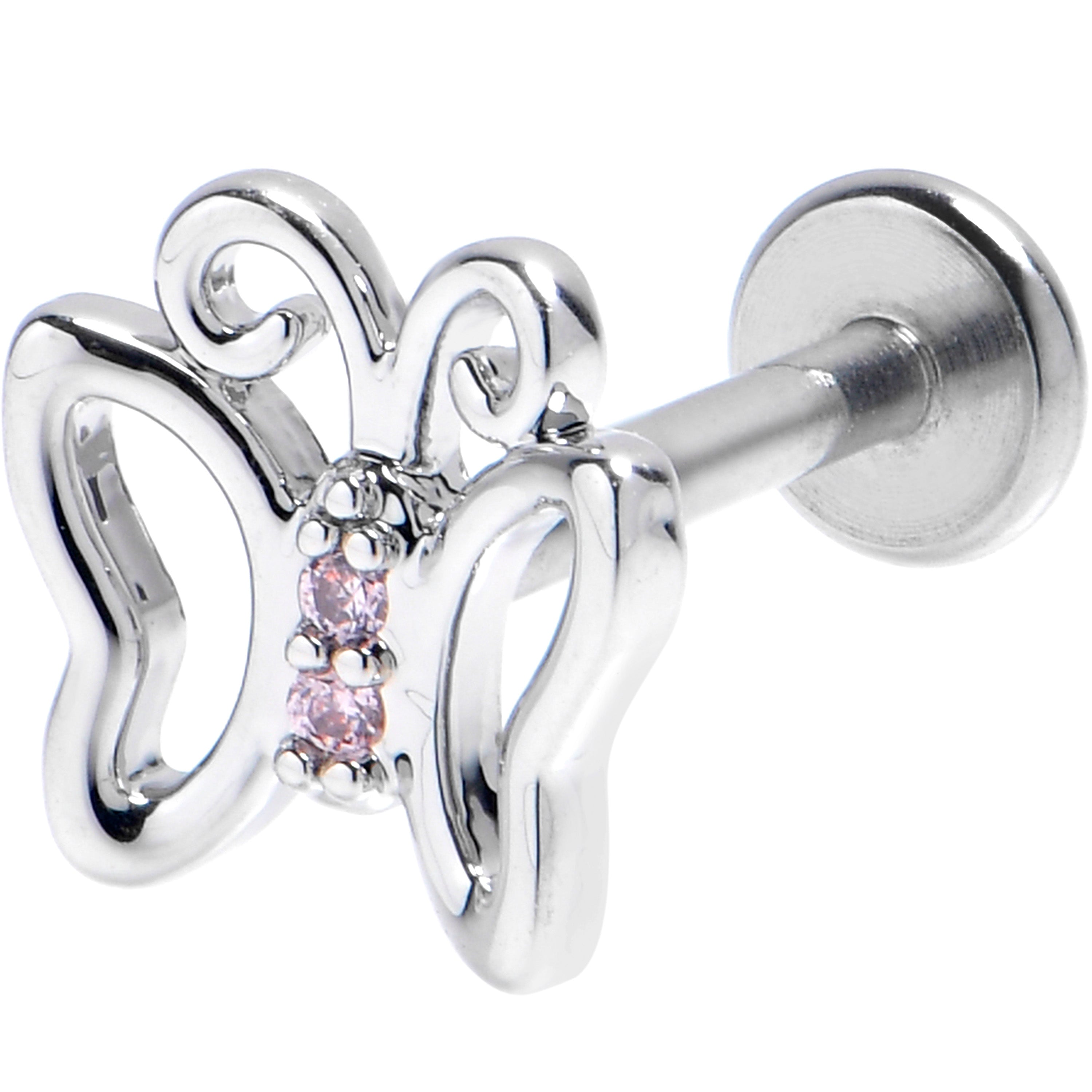 16G 5/16 Pink CZ Gem Internally Threaded Open Butterfly Labret